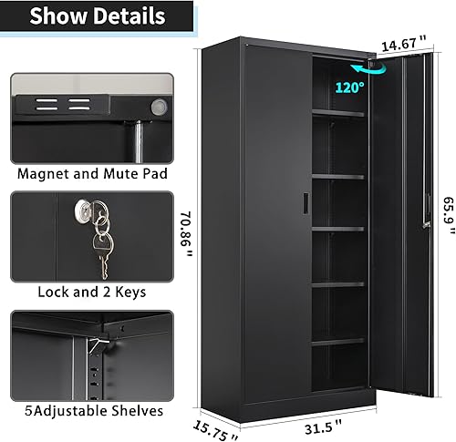 Miniatura 3 de Gabinete de almacenamiento de metal, gabinetes de bloqueo de 72 pulgadas de alto con puertas, estantes ajustables y ventilación de aire para garaje,