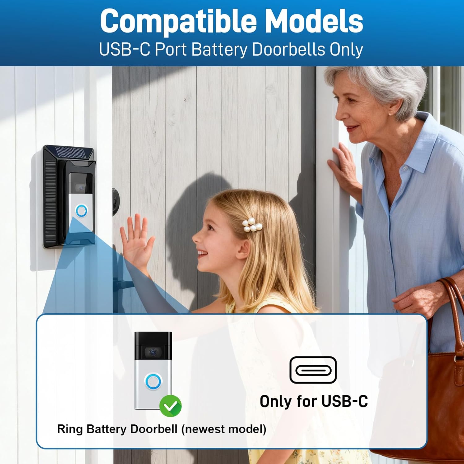 Solar Charger for Ring Doorbell, 2-in-1 Doorbell Mount with 6W Waterproof Solar Panel, USB-C Charging Port, Continuous Power Supply, No Battery Disassembly Required