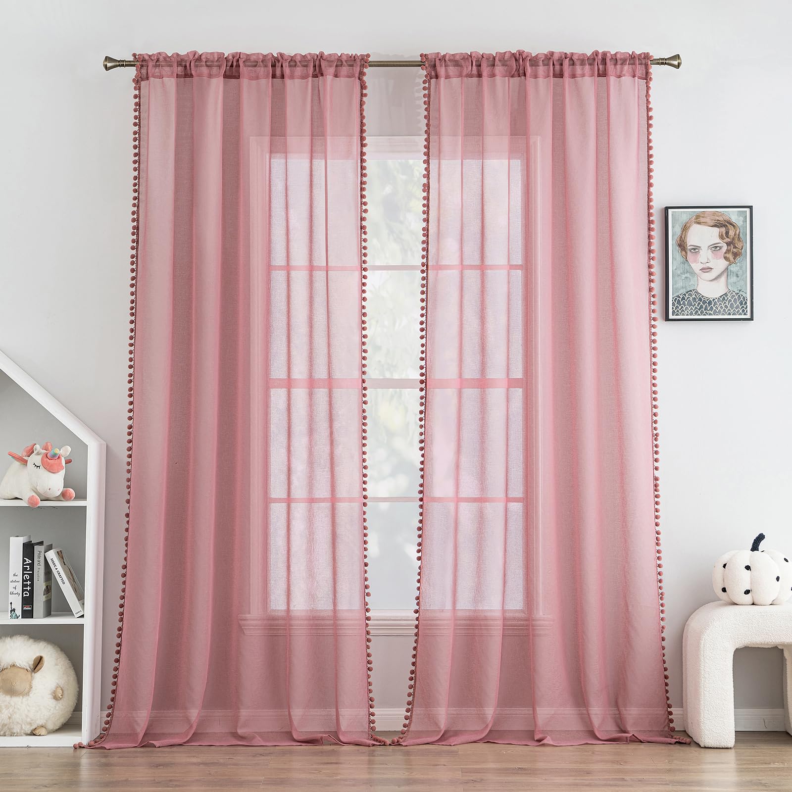 Tende Camera Da Letto MIULEE Con Pompon - 2 Pezzi 140x225cm, Beige, Trasparenti - Foto 7