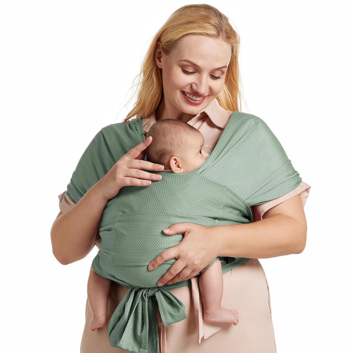 Momcozy Regulowana chusta do noszenia noworodka z chłodzącą siateczką Air-Mesh, łatwa do noszenia dla niemowląt (3,6-15 kg), odpowiednia do obwodu talii 76,2-119,4 cm, zielona