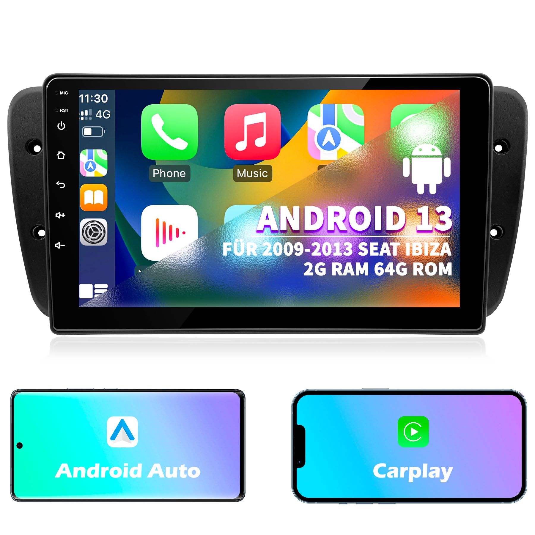 Autoradio für Seat Ibiza 6J 2009 2010 2011 2012 2013, Android 12 GPS FM 2+64G, 9 Zoll Touchscreen, Unterstützt Navigation Carplay Android Auto Bluetooth 5.0 WiFi Stimmenkontrolle Radio