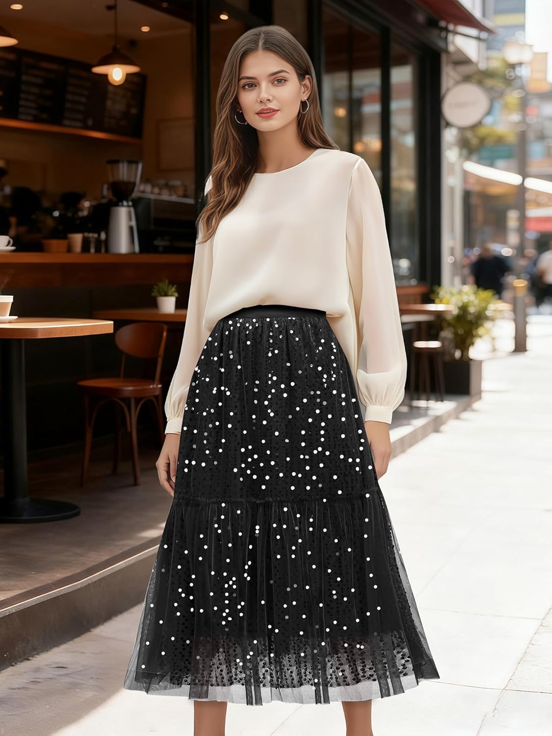 Sequin Tulle Skirts for Women Sparkly Midi Flowy A-Line Party Skirt Layered Skirts - Image 6