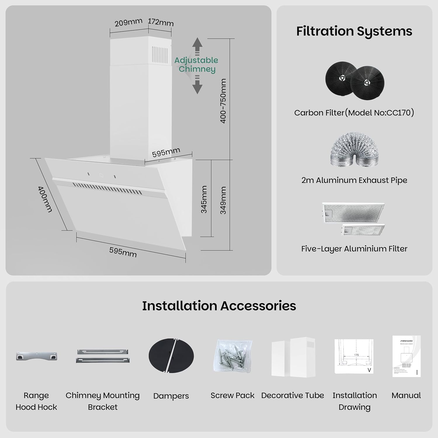 Diagram showing cooker hood dimensions and included installation accessories