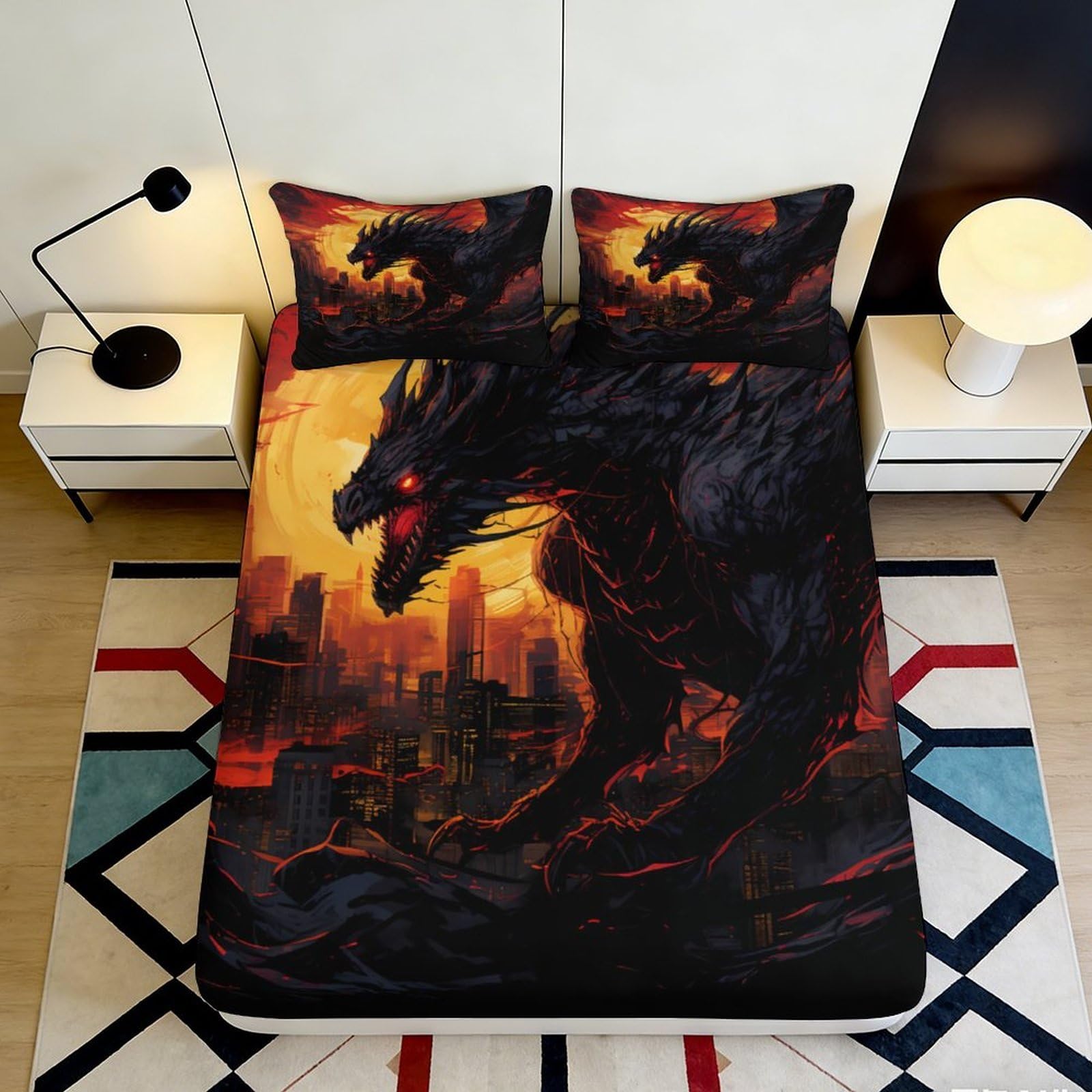 3D Printed Dark Dragon Fitted Sheet Microfiber Soft Breathable Fiery Monster Bed Cover for Bedroom Dormitory Guest Room Mattress Protection 120x200x25cm