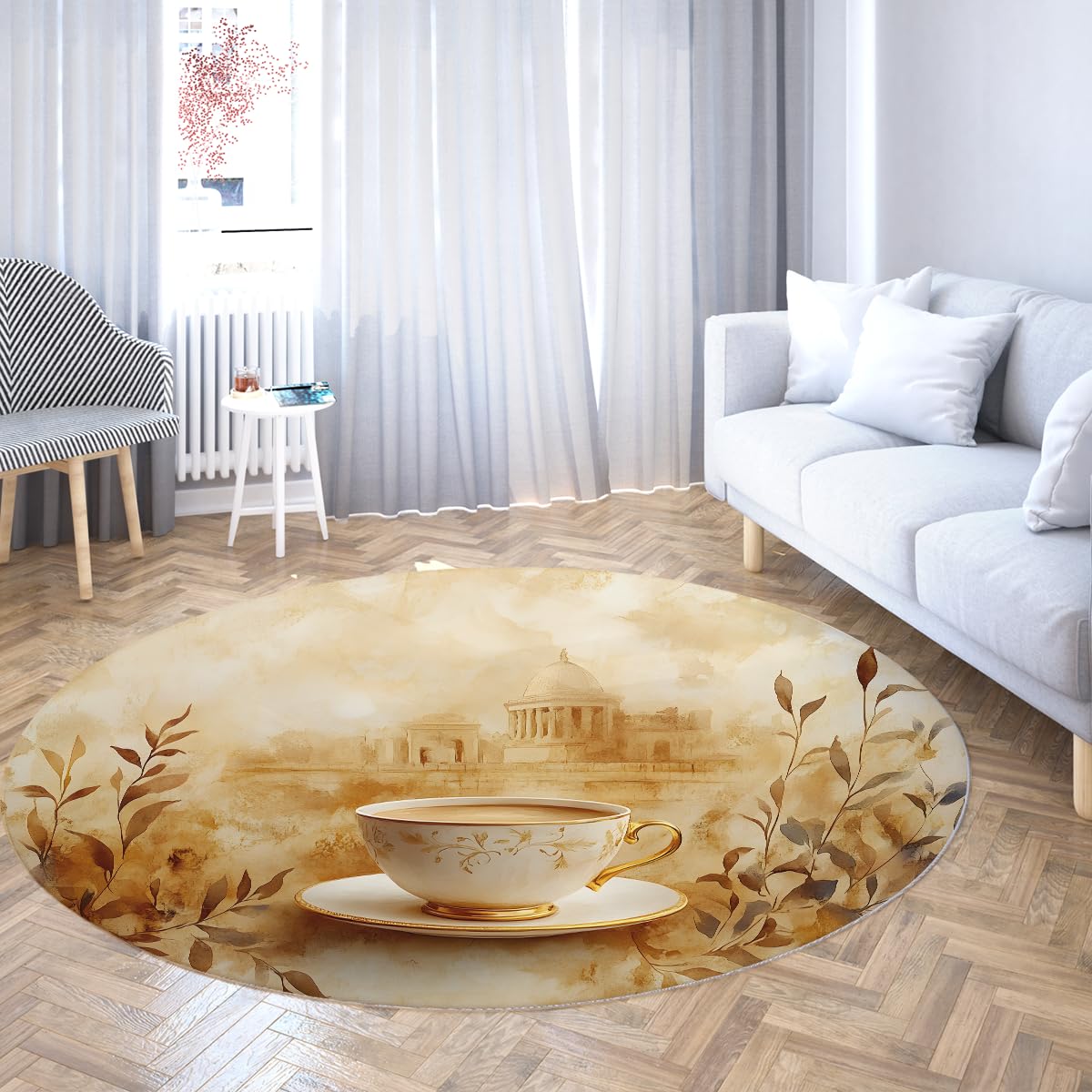 Vintage okrągły dywan zamek 120 cm brązowy okrągły dywan kubek do kawy liść mata podłogowa retro zmywalna antypoślizgowa cienka łatwa do czyszczenia do kuchni jadalnia