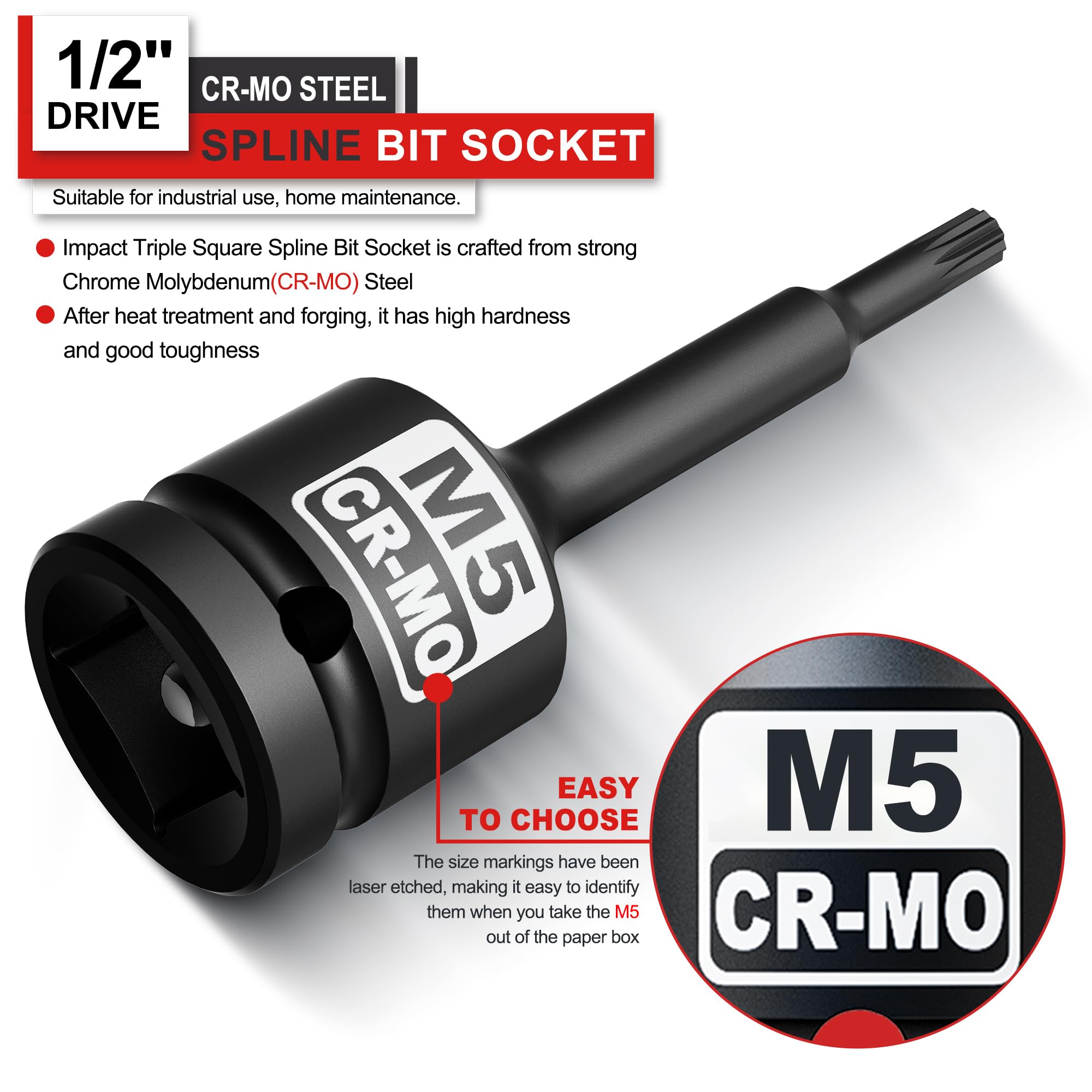 KIRXST Impact Triple Square Spline Bit Socket, 1/2" Drive M5 Spline Bit Socket, CR-MO Steel, 1/2" M5 Deep - Image 2