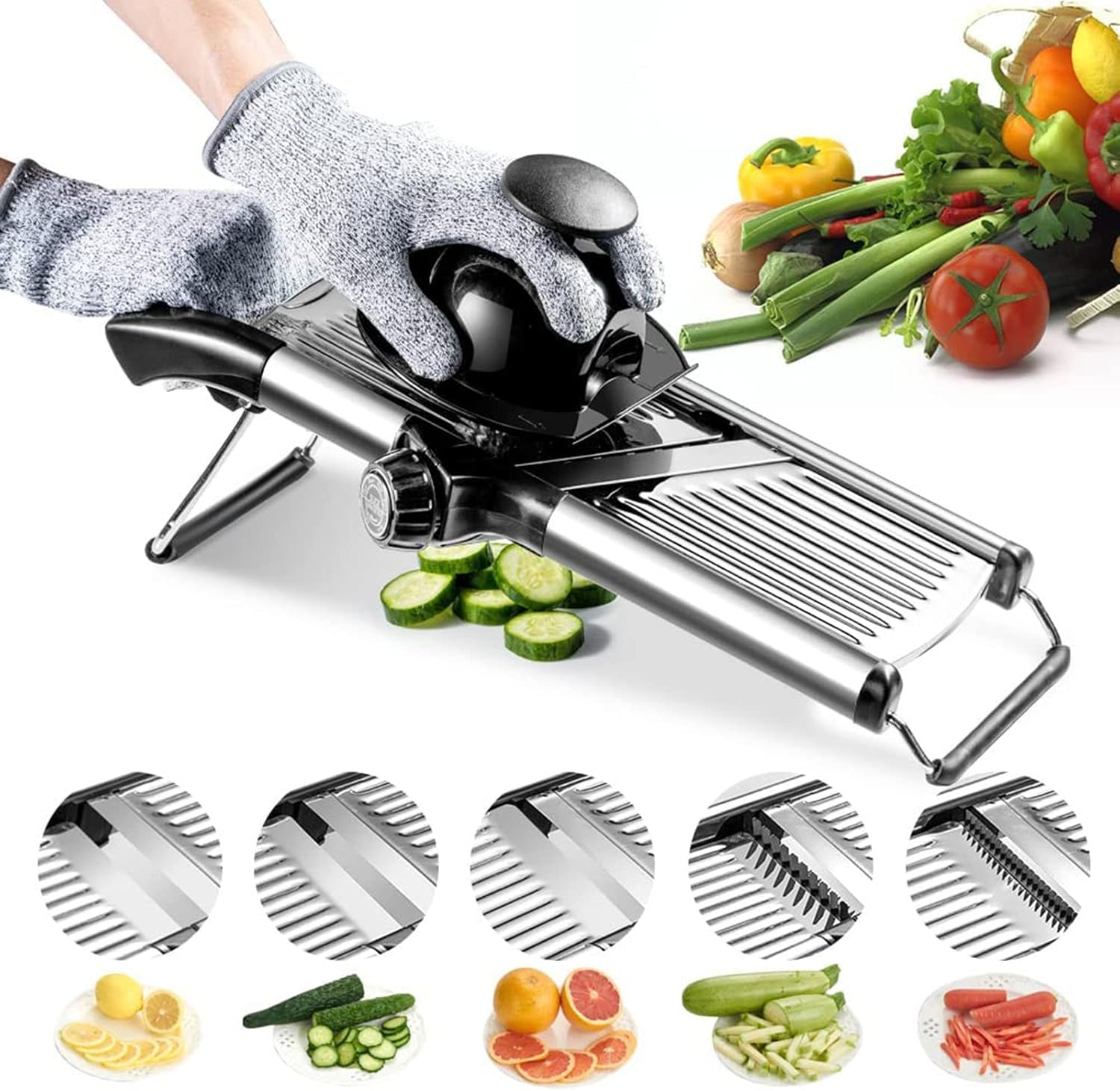 Adjustable Stainless Steel Mandoline Food Slicer Comes with One Pair CutResistant