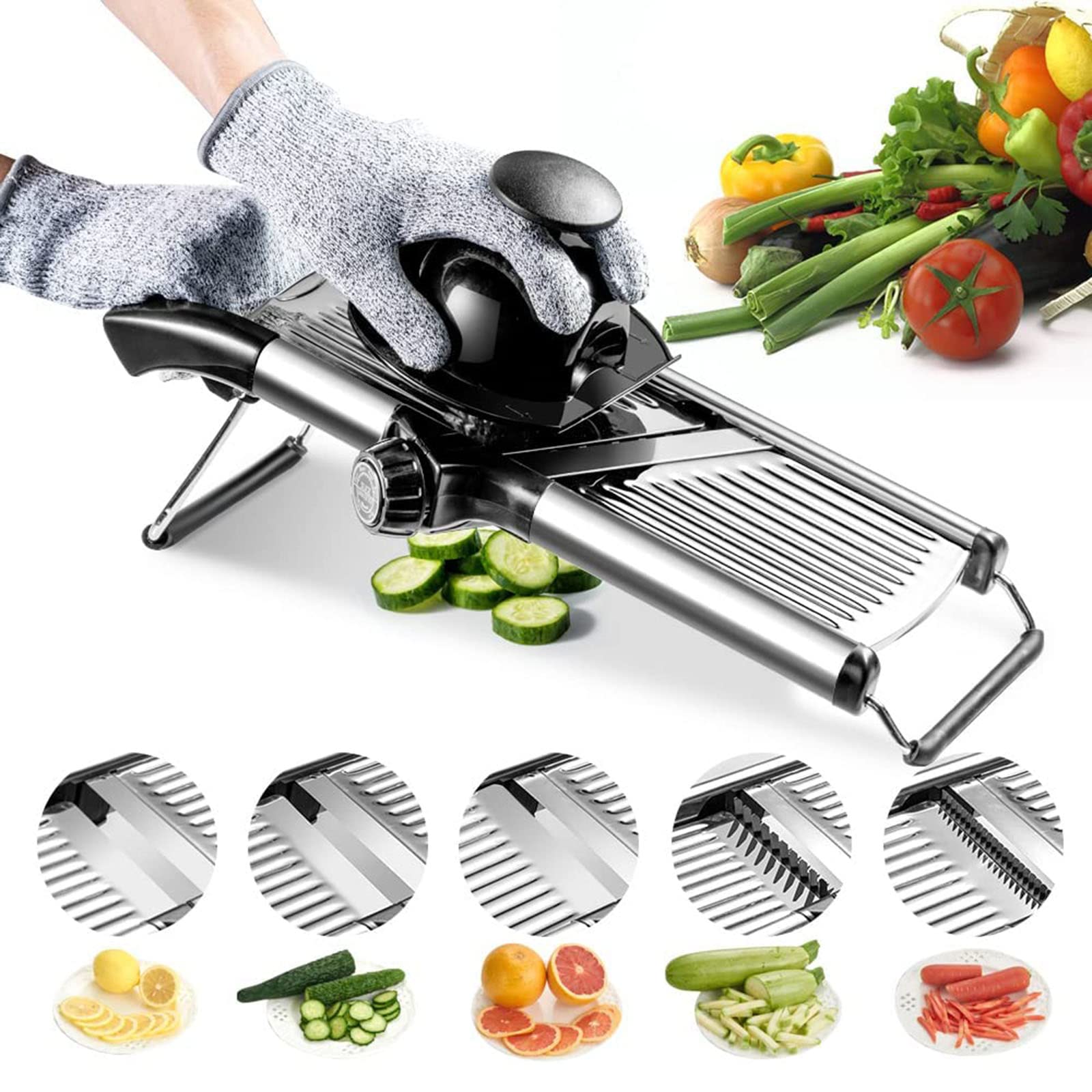 Verstellbarer Mandolinen-Allesschneider aus Edelstahl – kommt mit einem Paar schnittfesten Handschuhen, Gemüsehacker, Zwiebelschneider, Kartoffelschneider, Chip-Pommes-Frites-Julienne-Schneider