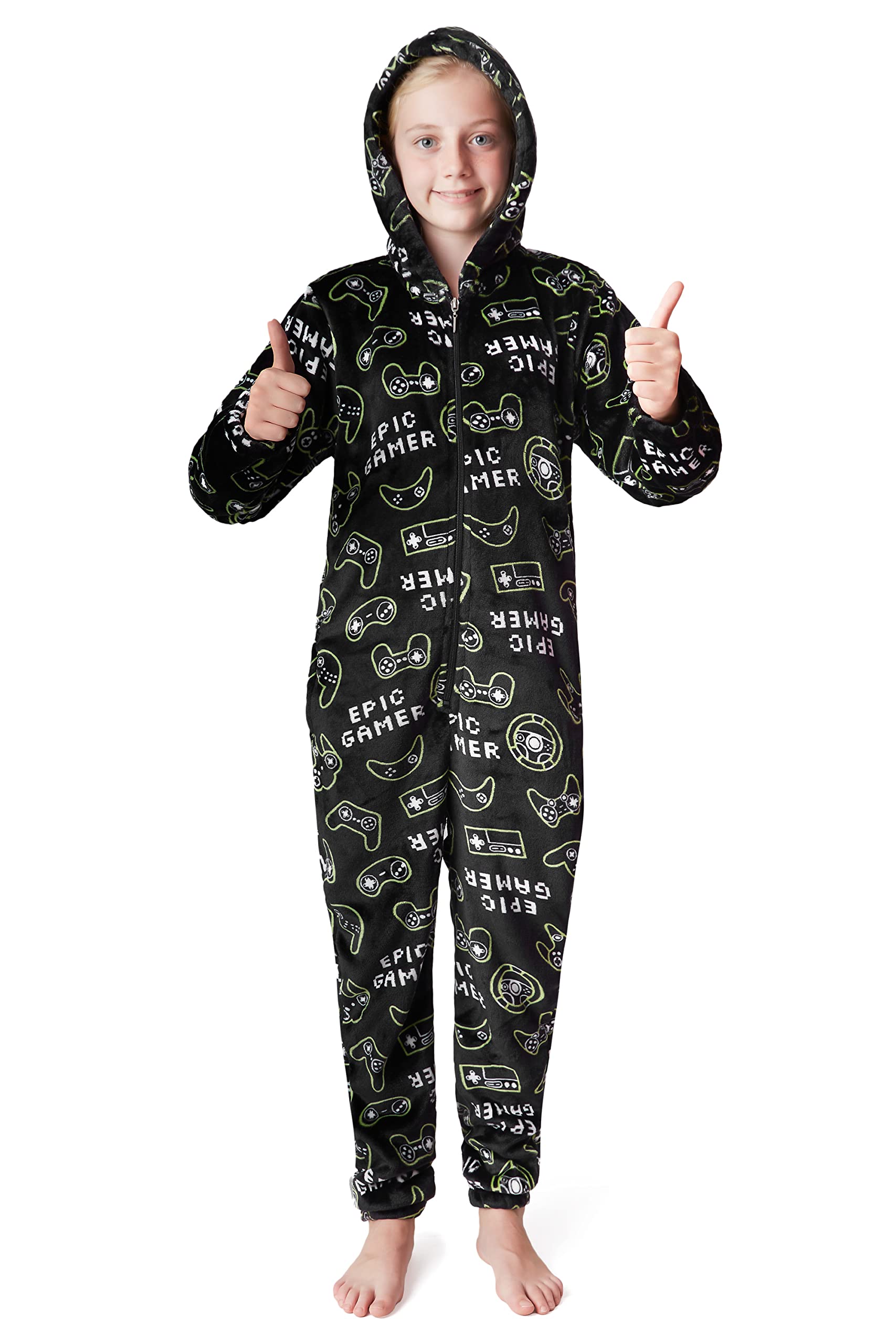CityComfort Onesies for Boys, Fluffy Fleece Pyjamas for Kids and Teenage Boys Girls, Gaming Onesie, Camo Onesie, Warm Winter Kids PJs 7-14 Years (11-12 Years, Black)