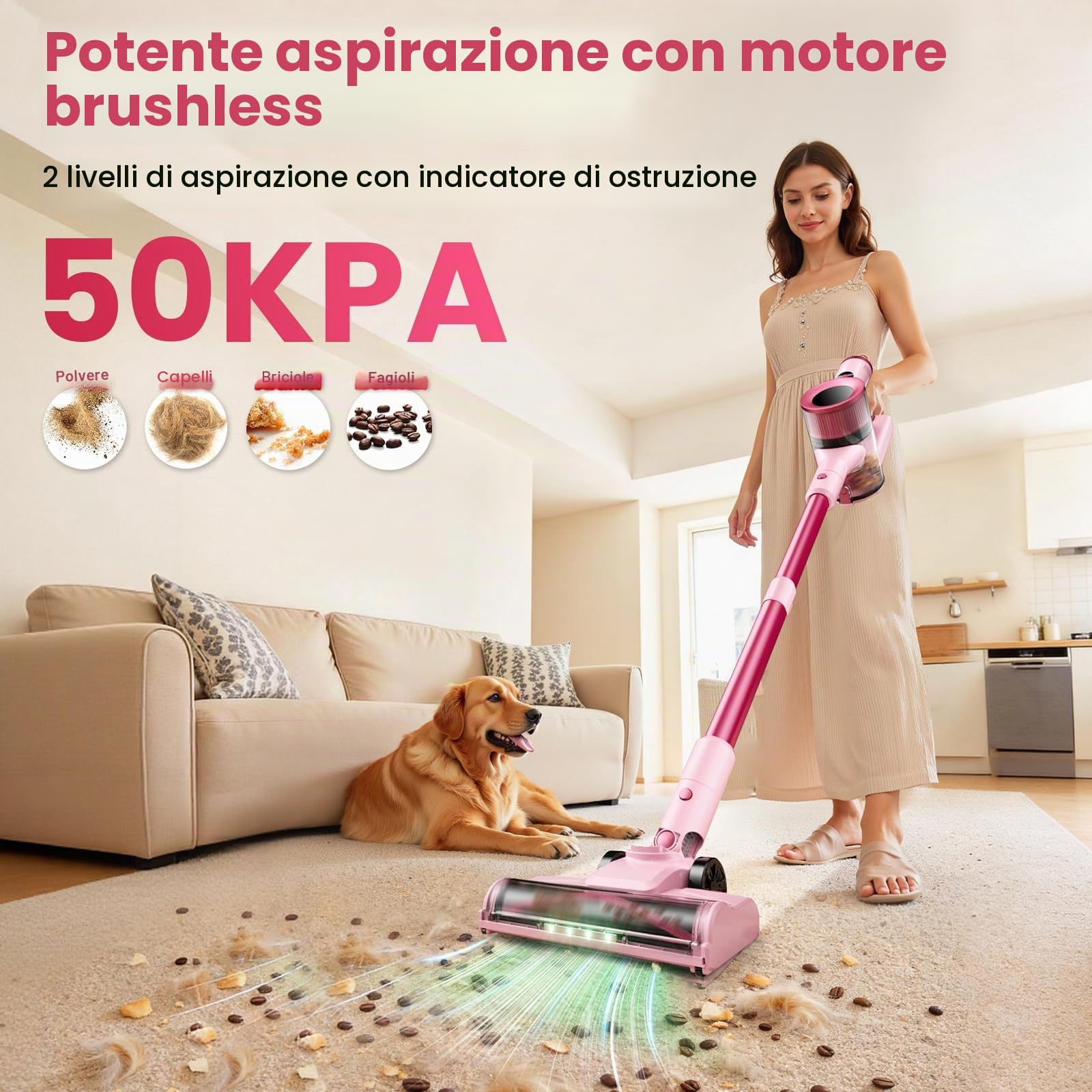 Aspirapolvere Senza Fili, 45KPa 50Mins Scopa Elettrica Senza Fili con Autoportante, Display LED intelligente,Leggero aspirapolvere ricaricabile antigroviglio,Potente per Pavimenti/Tappeti/Peli Animali