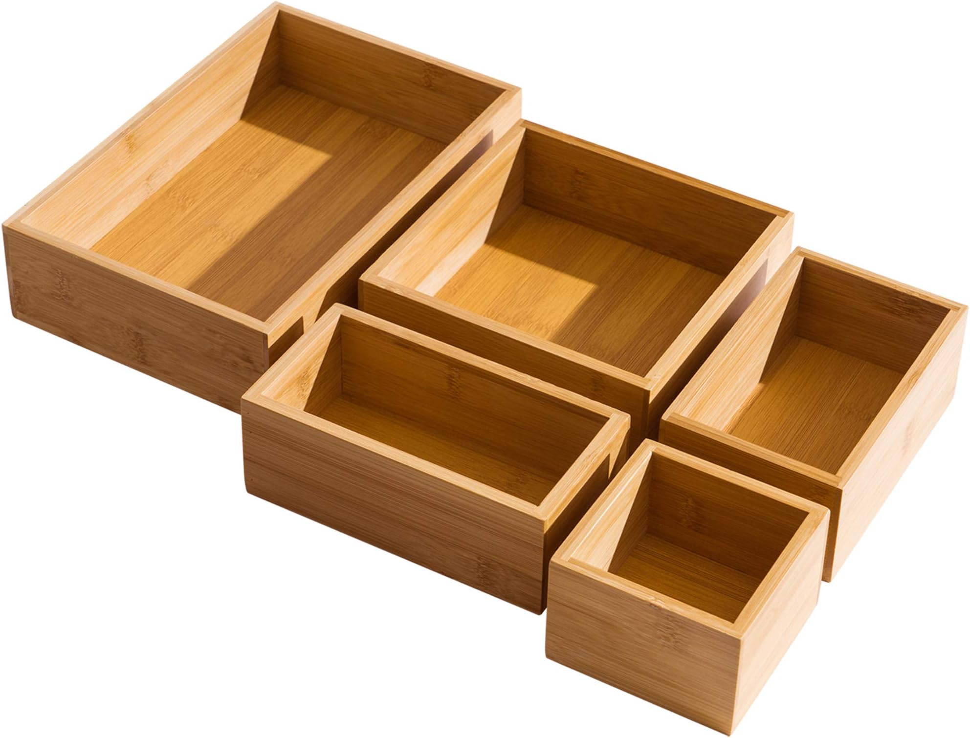 FILWH 5 Piece Bamboo Drawer Organizer Set, Luxury Wooden Desk Storage Box Kit, Multi-use Junk Drawer Organizer for Office, Kitchen, Bedroom, Children Room, Craft, Sewing