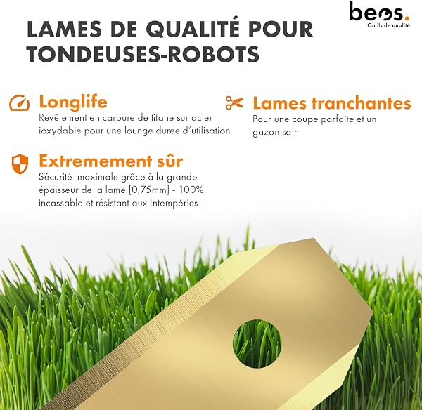 beos Lames de Rechange 30 x Premium Titan + vis - Lames de Rechange pour Marques Premium Husqvarna, Gardena, Segway, Yard Force - 0,75 mm d'épaisseur de Lame pour Une Tonte Longue et agréable - 4