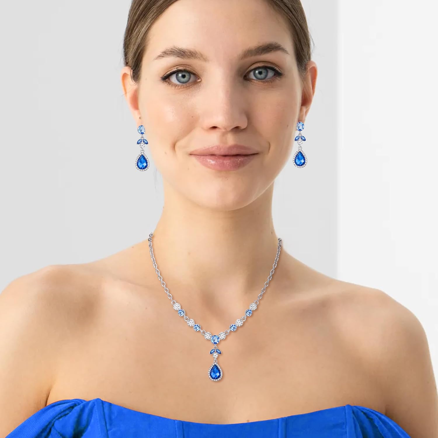 Crysdue Wedding Bridal Costume Jewelry for Women, Rhinestone Crystal Teardrop Pendant Necklace Prom Chandelier Dangle Earrings Set - Image 3