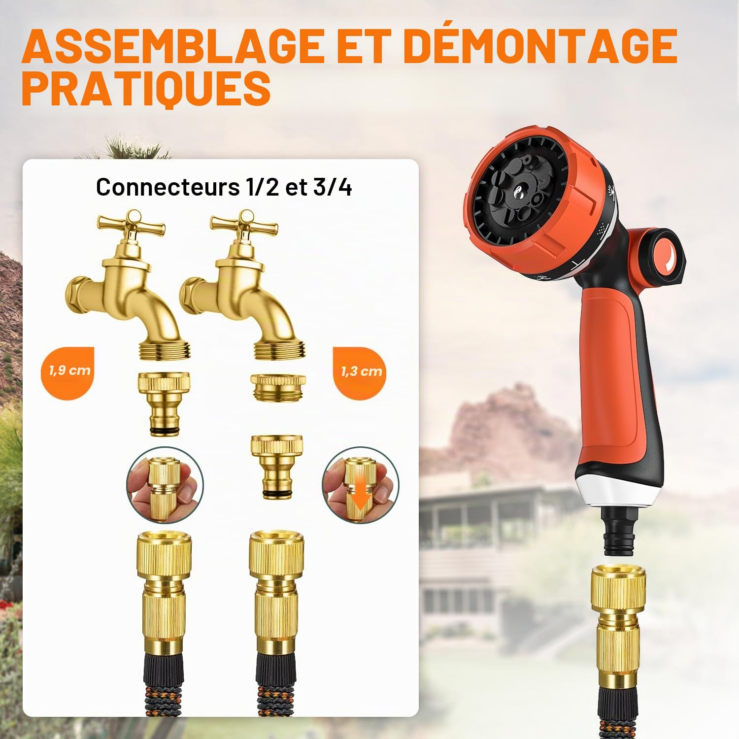 Tuyau d'arrosage 30m, ULTTY Tuyau d’arrosage Extensible avec 1/2" et 3/4" (19mm et 13mm) Adaptateurs, 10 Modes d'Arrosage, Latex Triple Épaisseur Durable avec Raccords en Laiton et Sac, Orange