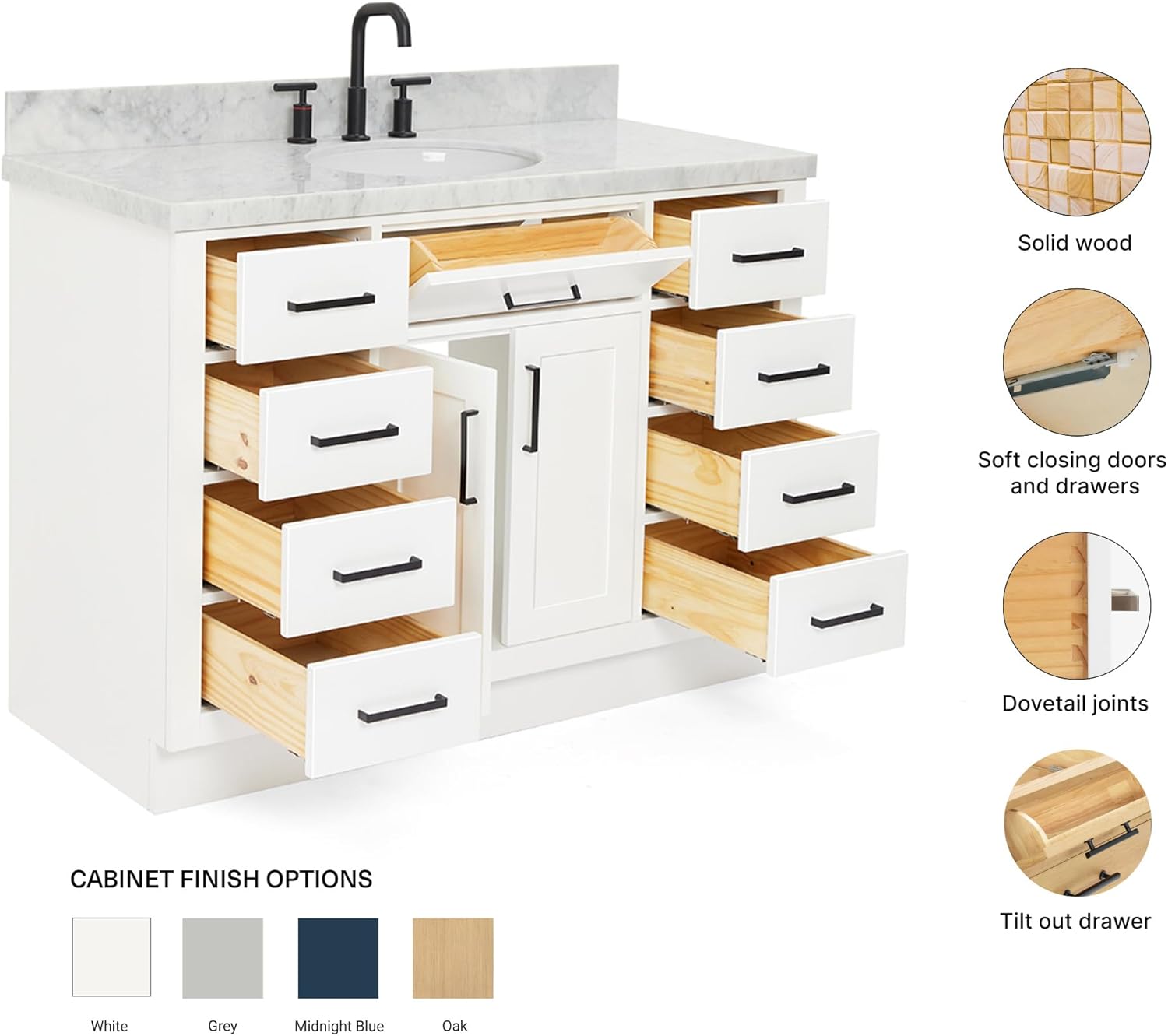 ARIEL Hepburn 48-inch Bathroom Vanity with Sink,Solid Wood, 1.5-inch Italian Carrara Marble Countertop & Backsplash, Single Oval Porcelain Sink, 2 Soft Closing Doors, 9 Dovetail Drawers, White