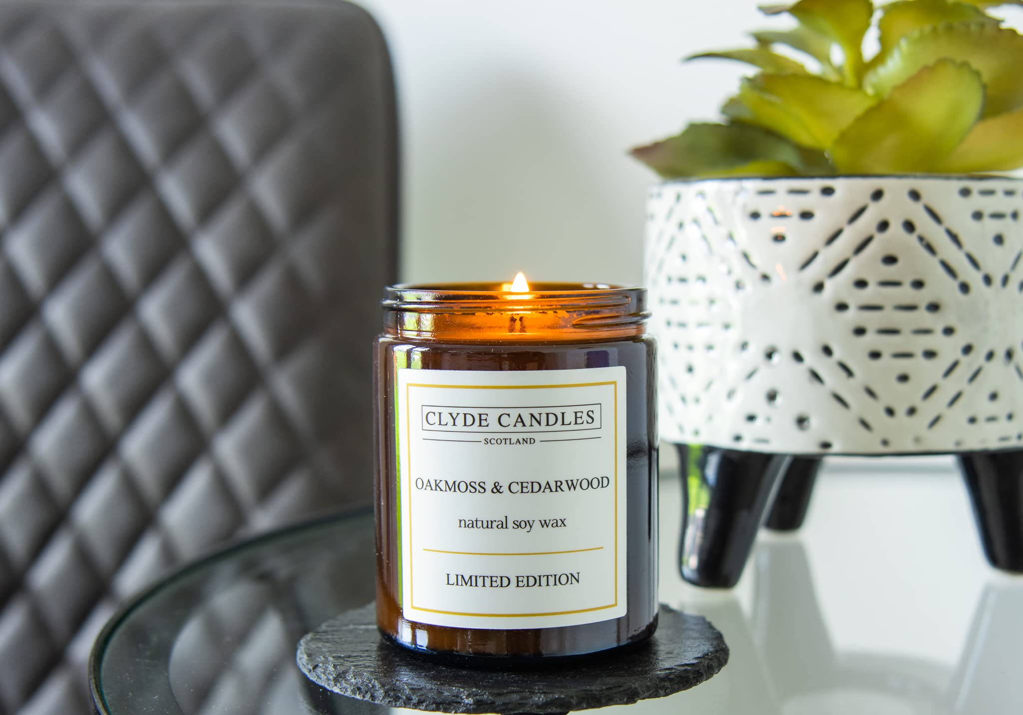Clyde Candles White Natural Soy Candle Amber Glass - Limited Edition (Oakmoss And Cedarwood)