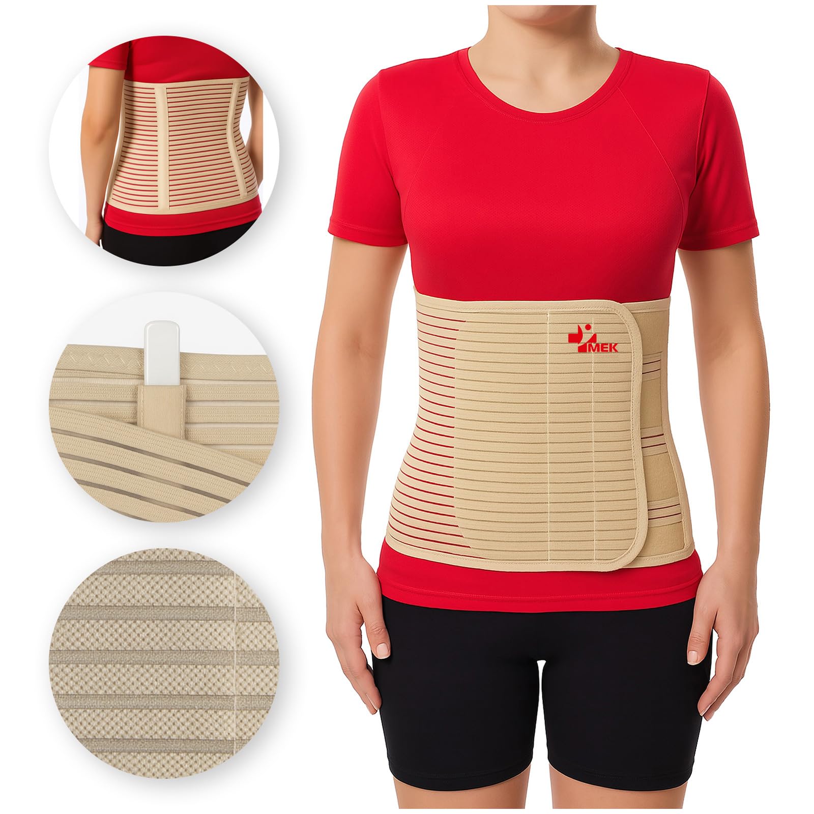 MEK 3002 Medizinische Bauchbandage mit Anti-Roll-System | Postoperativer Bauchgurt gegen Einrollen | 27 cm hoch, Atmungsaktiv, CE-Zertifiziert, **Beige (Hautfarben)** XL