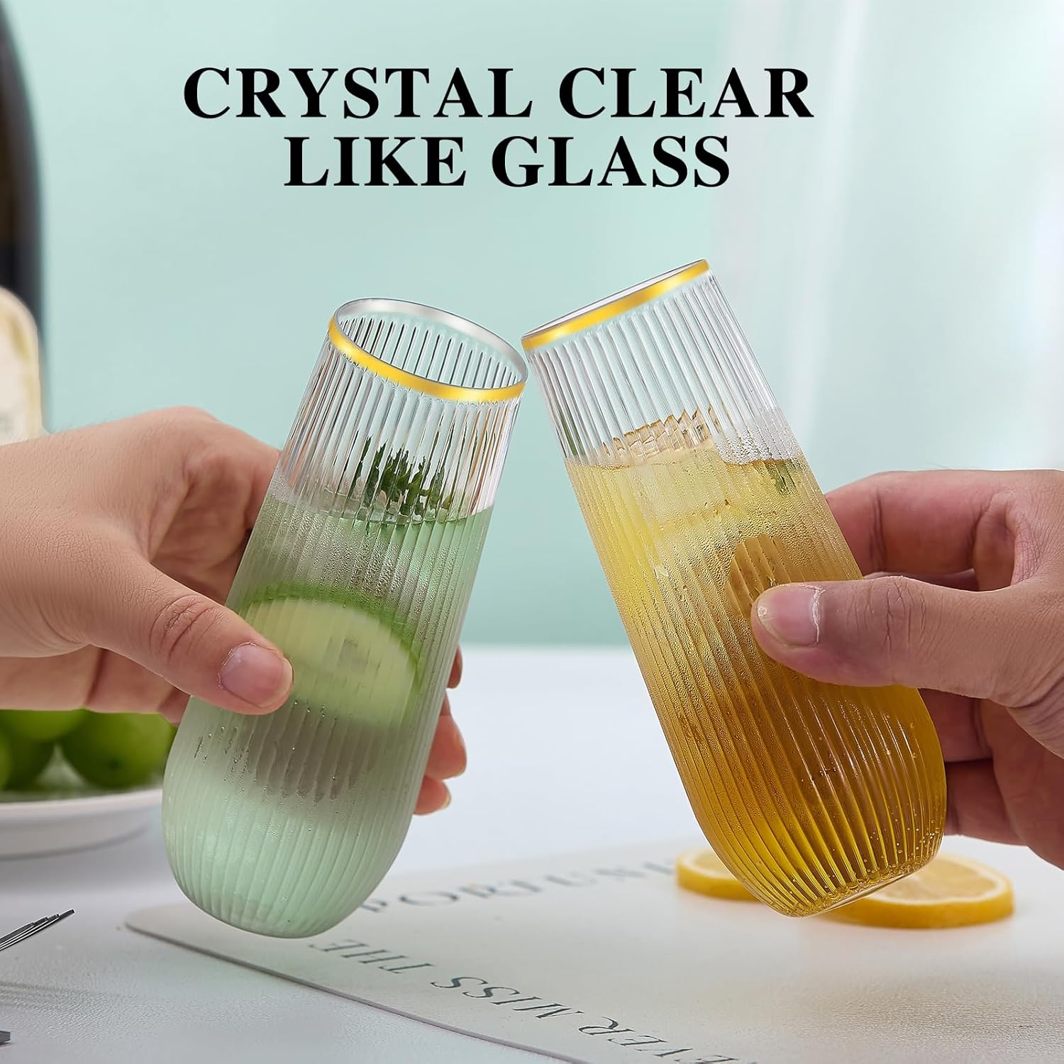 48 Pack Plastic Ribbed Champagne Flutes, 9 Oz Stemless Disposable Gold Rim Clear Plastic Toasting Glasses Shatterproof Recyclable and BPA-Free Perfect For Wedding - Image 4