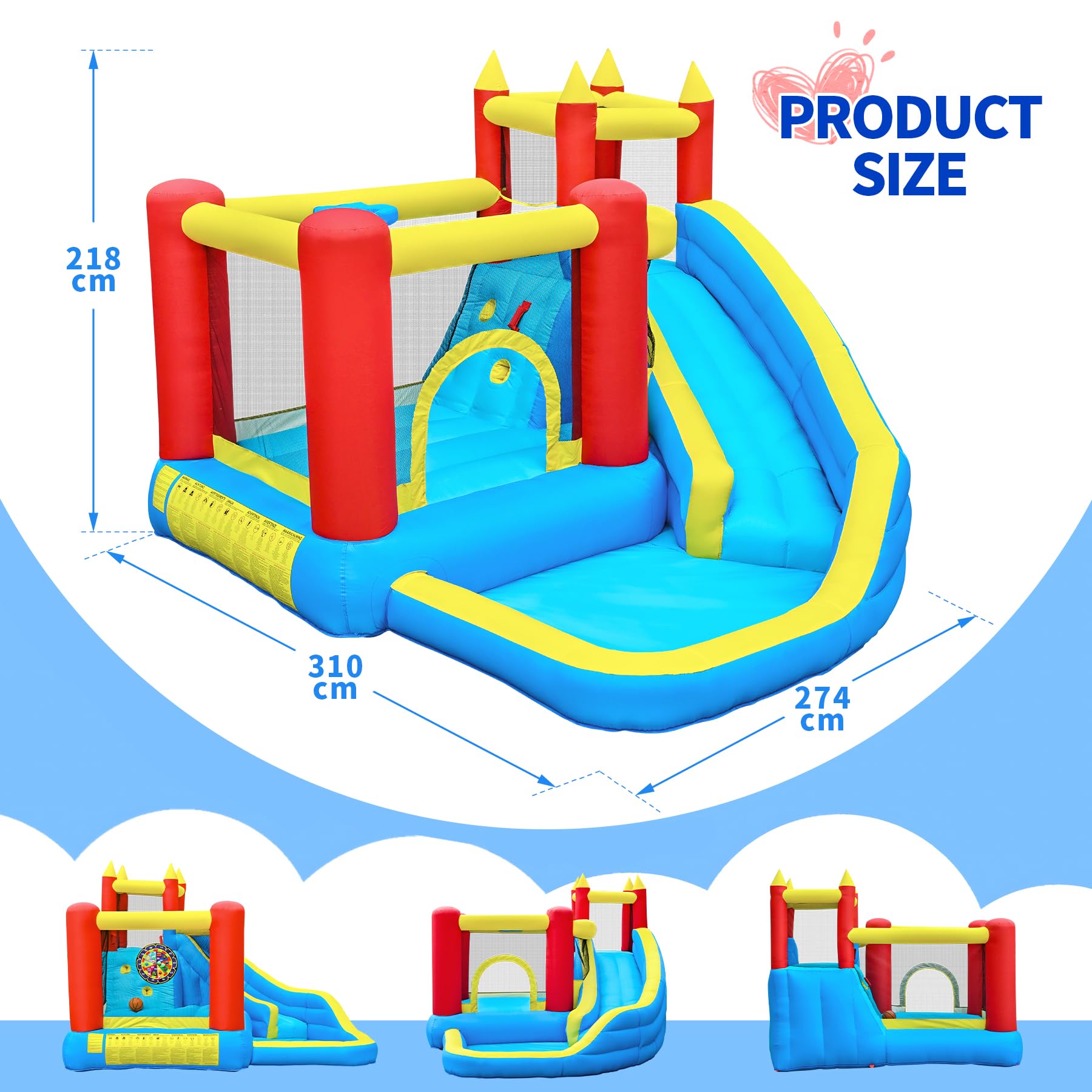 hüpfburg Kinder mit rutsche und kletterwand, hüpfburg gebläse inklusive, innen und außen hüpfmatratze für Kinder Bouncy Castle 3-10 Jahre 274 x 310 x 218 cm Outdoor hüpfburgen (Langrutsche)