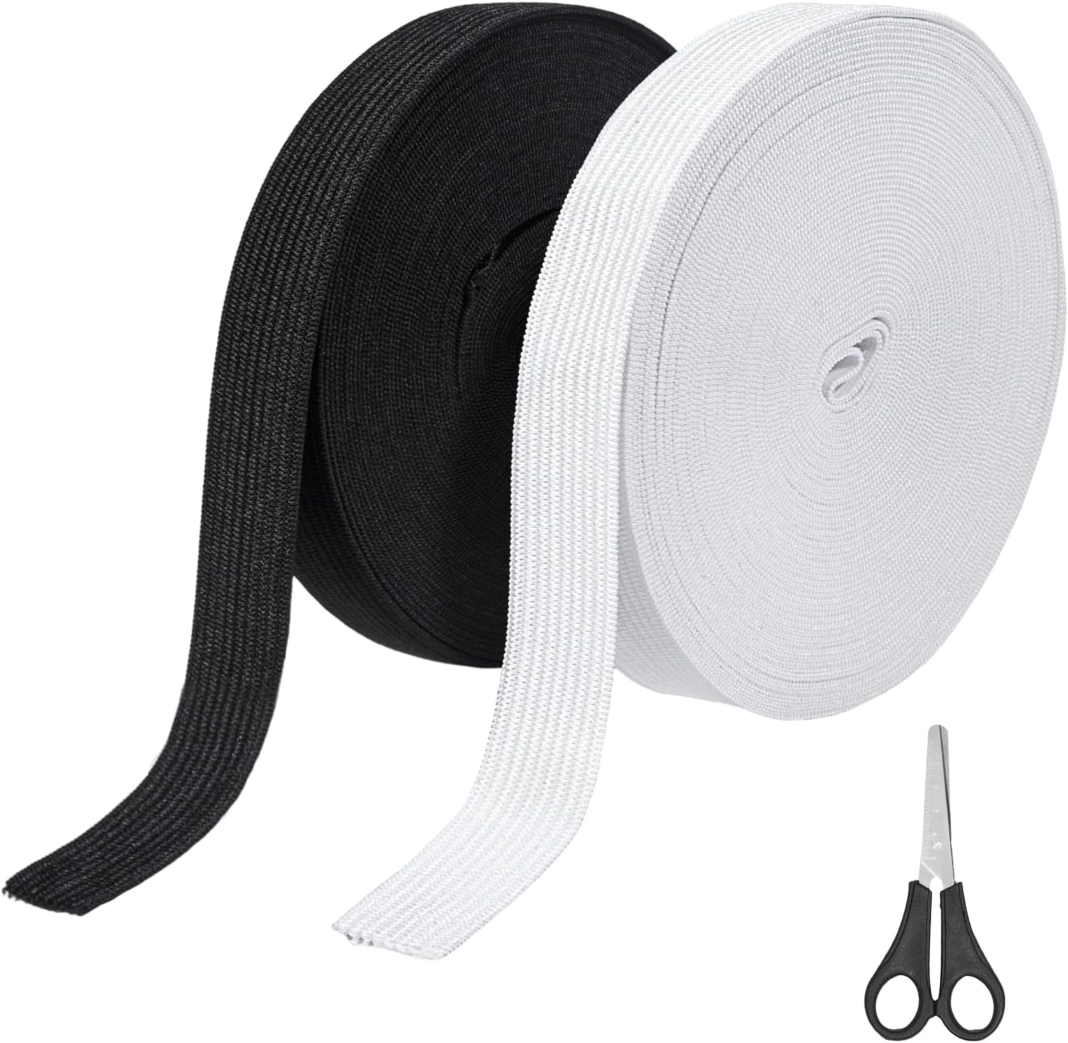 Furuising 2 Rolls White & Black Elastic for Sewing 20mm(3/4") Wide, 10M Each Flat Elastic Bands, Sewing Elastic Bands with Scissor, Stretchable Waistband for DIY, Wig Band, Trouser, Headbands
