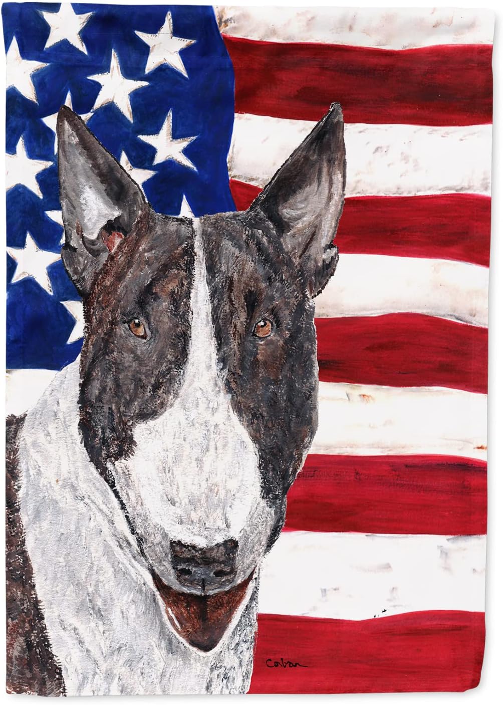 Caroline's Treasures SC9519CHF Bull Terrier with American Flag House Flag Large Porch Sleeve Pole Decorative Outside Yard Banner Artwork Wall Hanging, Polyester, House Size, Multicolor