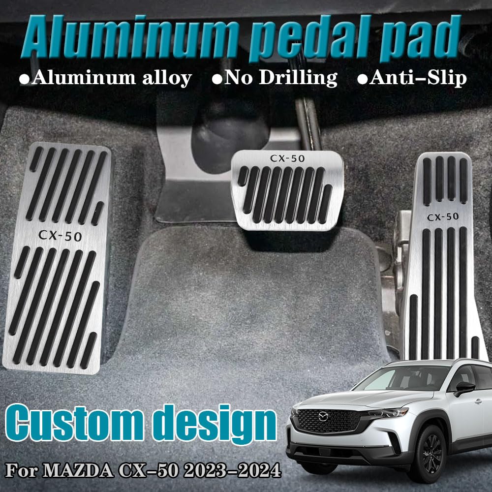 LEXLEY 3PCS Anti-Slip Aluminum Brake Gas Dead Pedal Pads,Auto No Drilling Accelerator Pedal Covers Only for Mazda 2023 2024 2025 CX-50-SLIVER