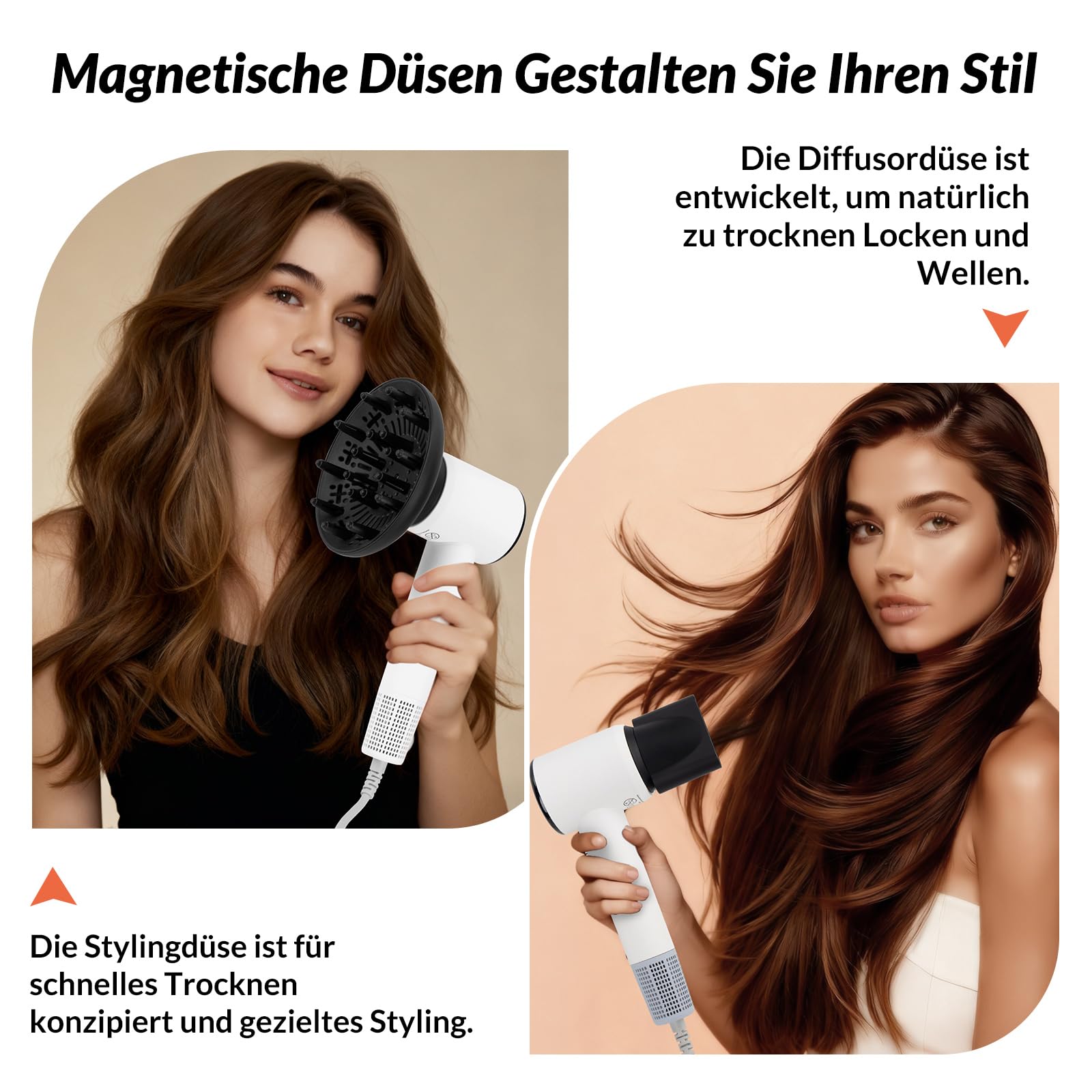 Föhn mit Diffusor, Ionen Reisefön Haartrockner, 1600W mit 110.000 U/min Motor für Leise Schnelles Trocknen, Klein Leicht Fön, mit Stylingdüse, für Damen Herren, Professioneller Salon-Föhn für Zuhause
