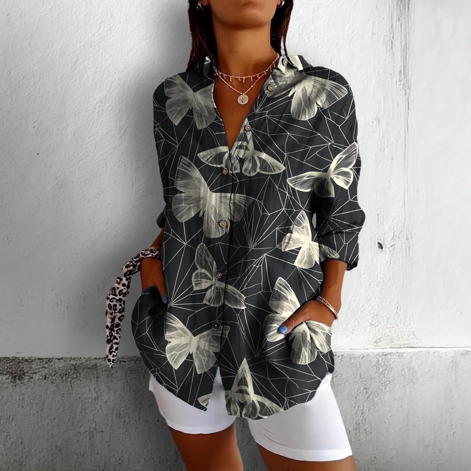 MARSVOVO Classic Dressy Blouse for Women Loose Fit Collared Blouses 3/4 Sleeve Work Casual Summer Flowy Tops - Image 2