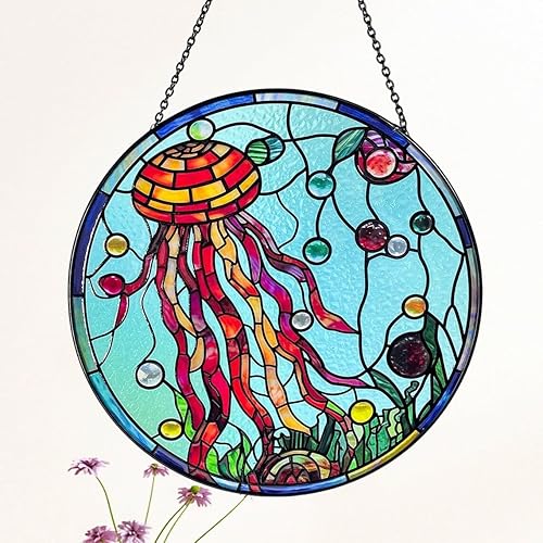 Stained Glass Suncatcher Aqua Marine Jellyfish – 7.8" Whimsical Ocean Window Han