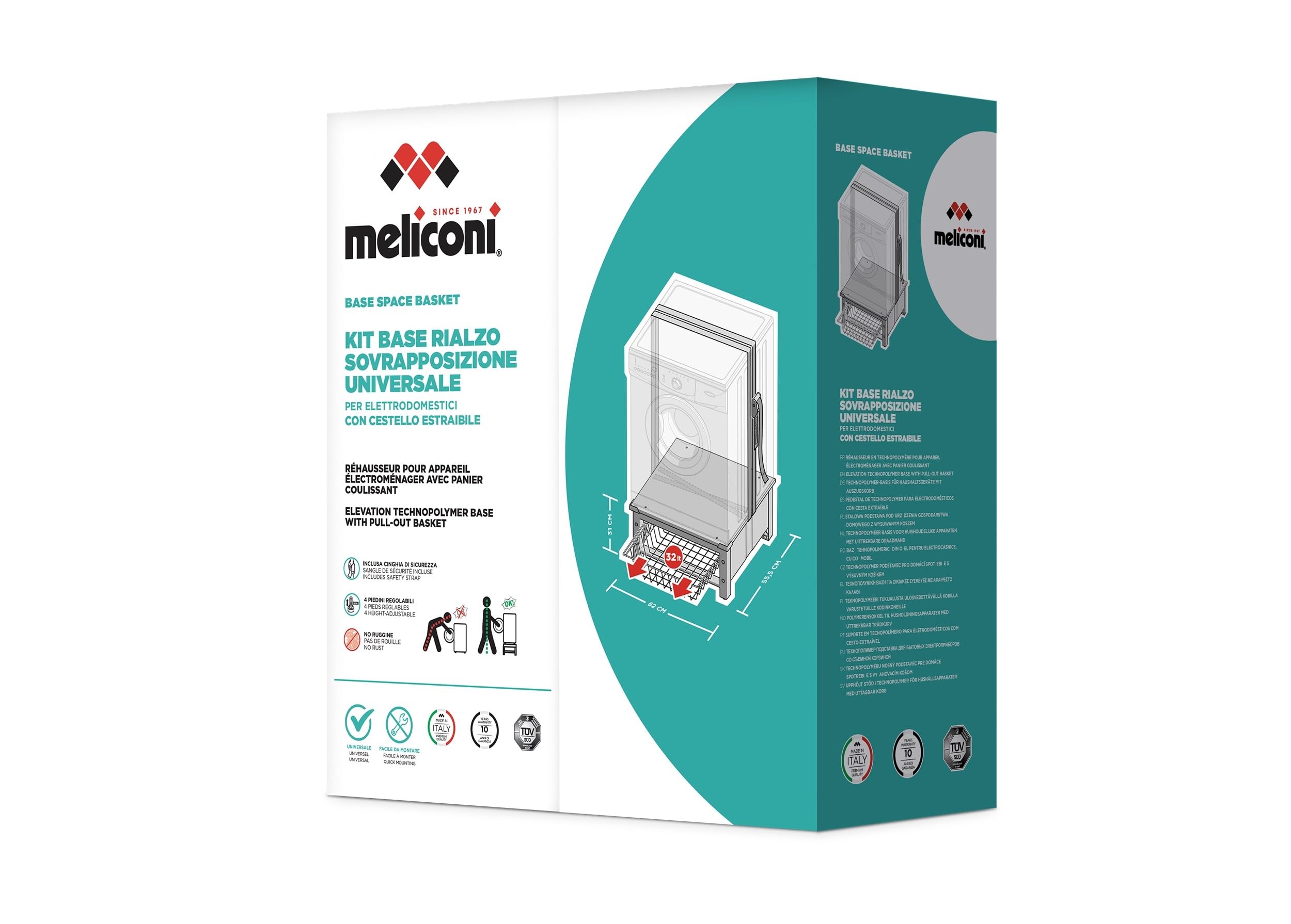 Meliconi Base Space Basket Socle Surélevé Lave-Linge Sèche-Linge Panier Coulissant 32 L 250 kg Blanc 62 x 56 x 25 cm