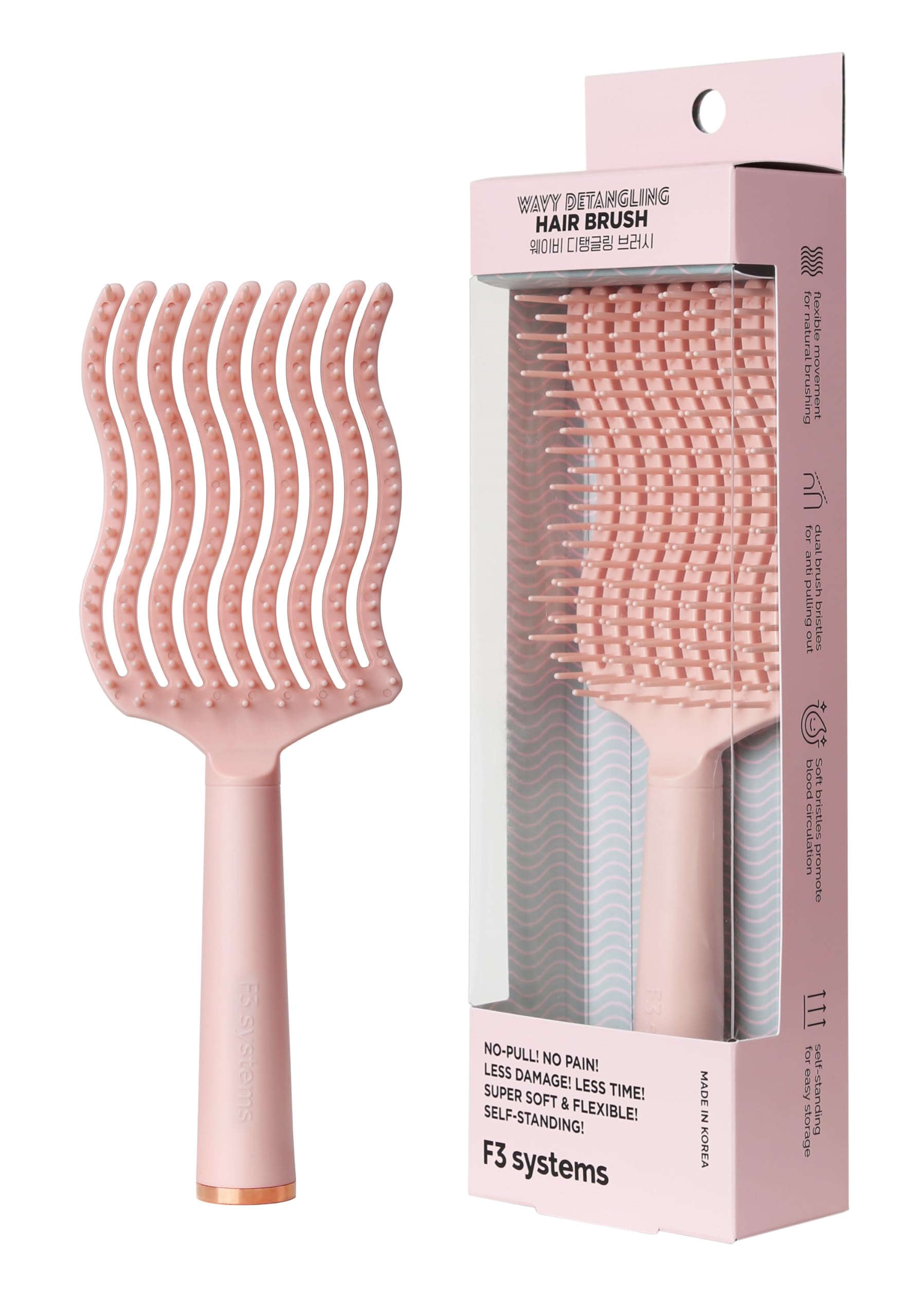 F3 Systems, Wavy Detangling Brush(Soft Bristles), Detangler Comb with Flexible Bristles, Remove Knots and Tangle, Scalp Massage, Wet & Dry Hair, Detangling Brush for Adult and Kids Hair,