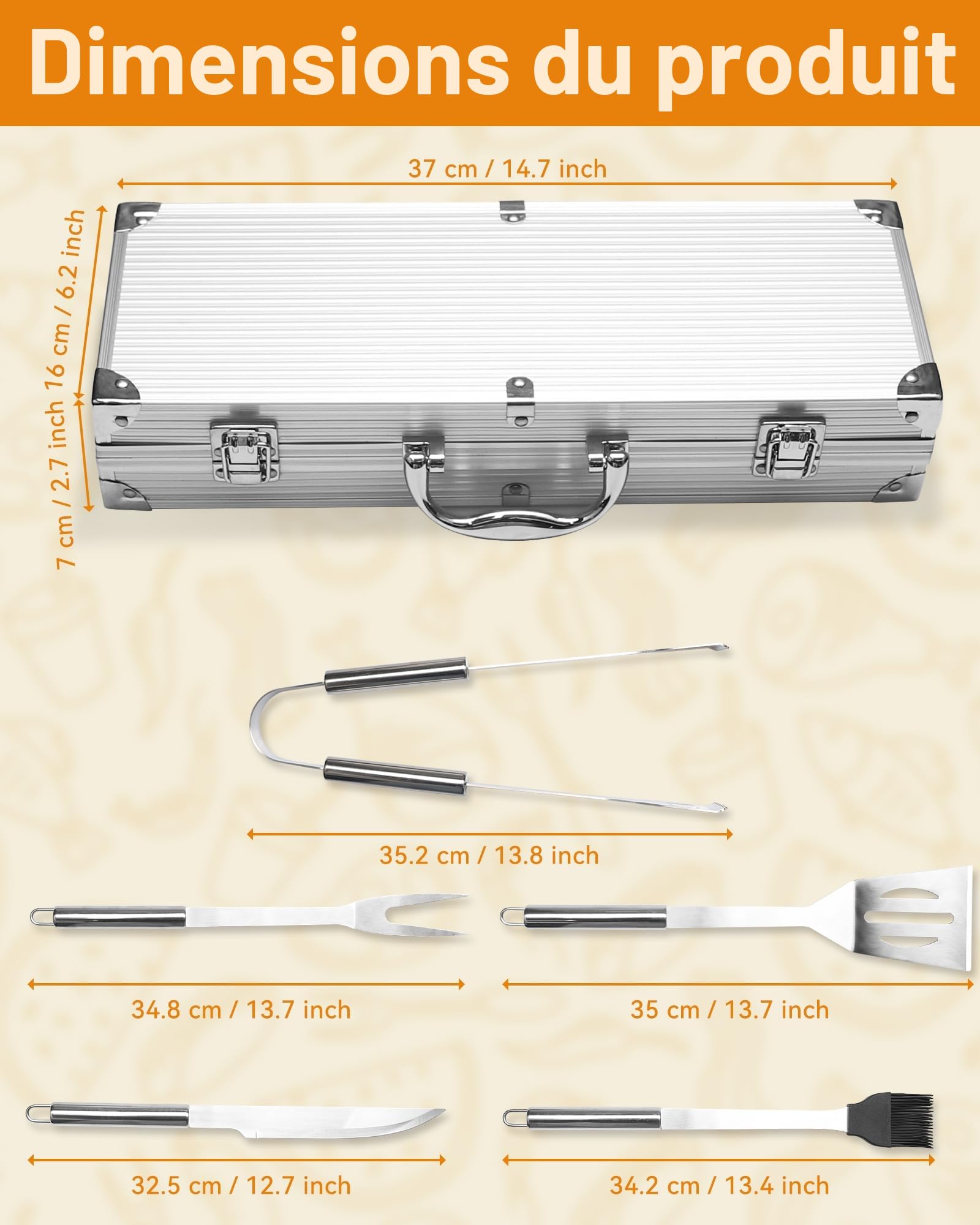 Set Barbecue Professionnel Acier Inoxydable 5 pièces 37x12x7 cm Mallette Aluminium
