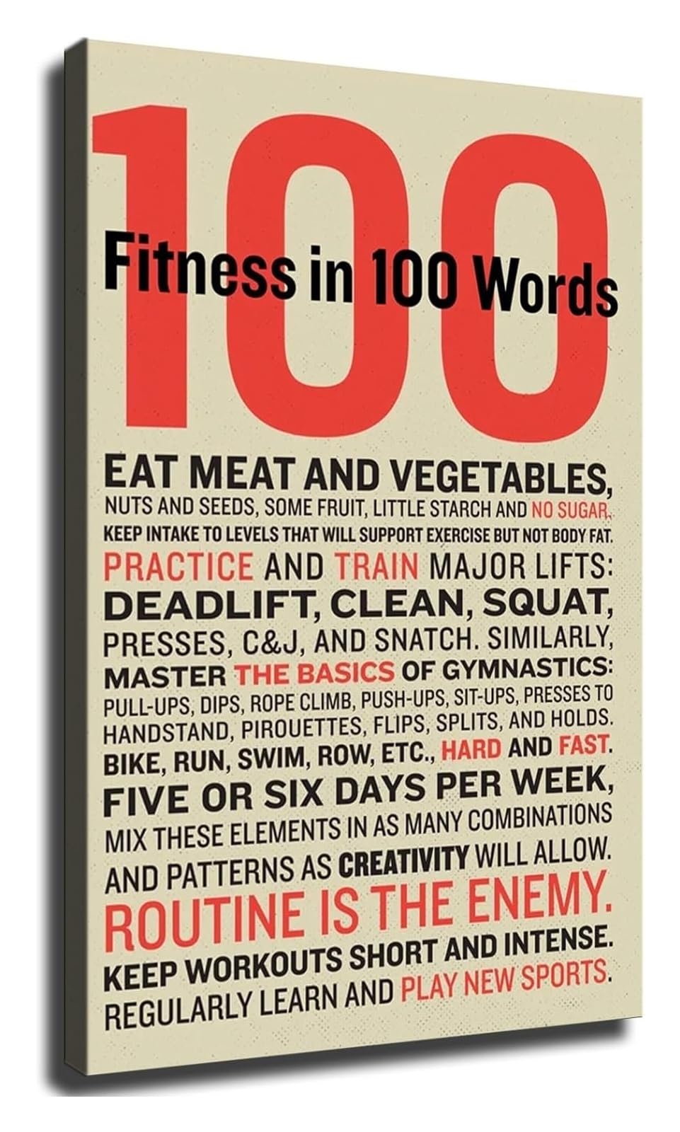 NWPNLXEA Gym Motivation Canvas Print Fitness in 100 Words Inspirational Quote Poster for Home Gym and Garage Gym Decor Unframed,12x18inch(30x45cm)