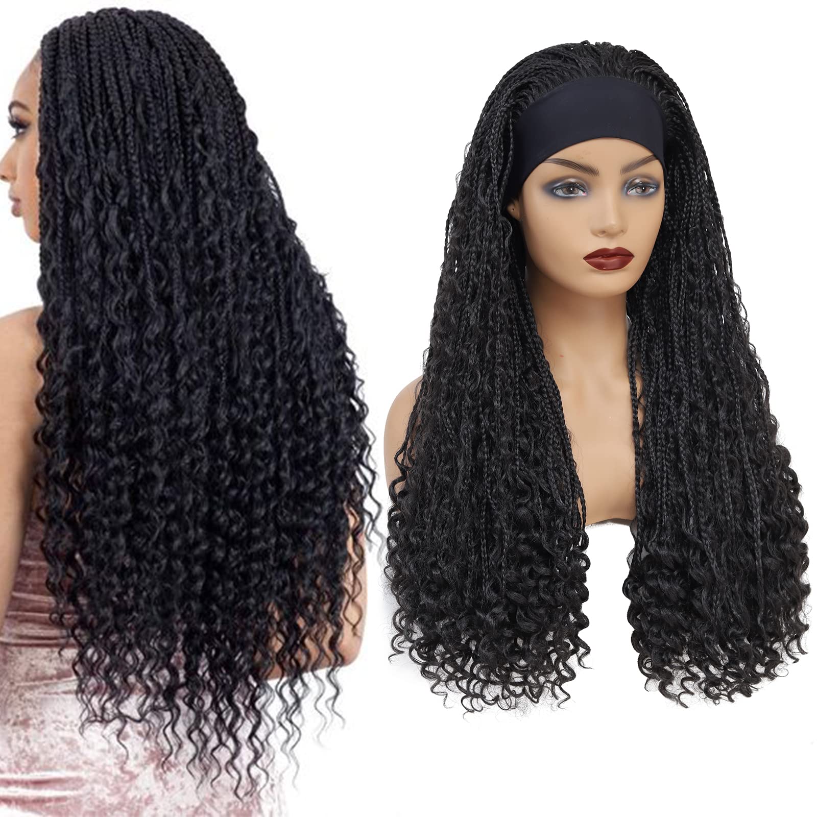 ROSEBONYHeadband Braided Wigs with Free Tress Goddess Box Braids Wig With Curly Ends Black Wig (1B)