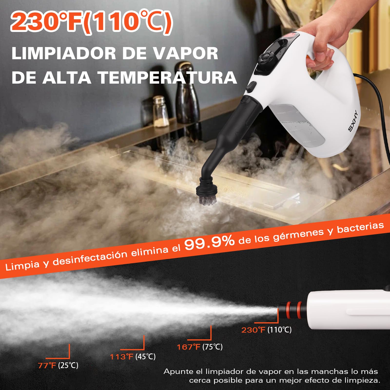 Limpiador de vapor portátil, limpiador de vapor doméstico multifuncional, tanque de agua transparente, juego de accesorios de 11 piezas, adecuado para grasa de cocina, sofás, baños, etc.