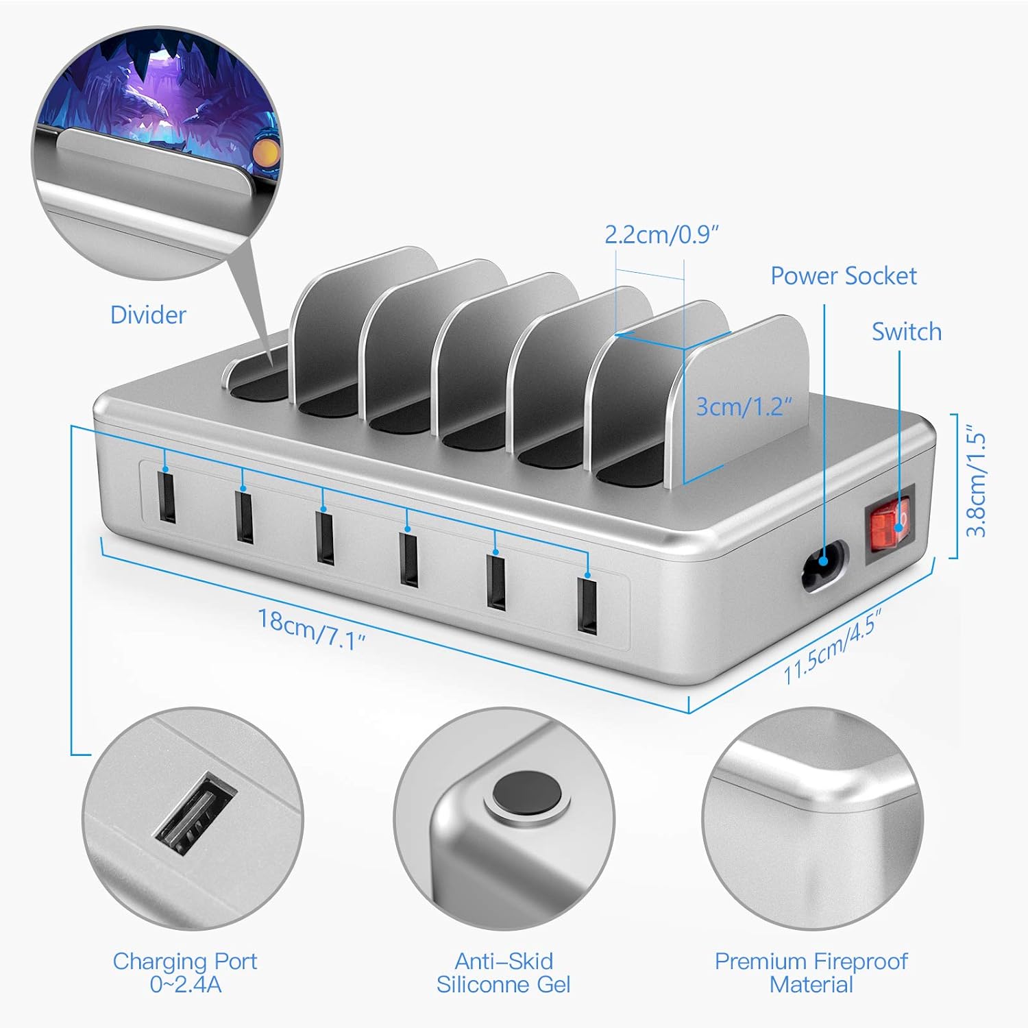 Charging Station for Multiple Devices - 6 Port Fast Charging Station for iPhone iPad Android and Tablet - Multi Charging Station - Phone Charging Station with 6 Mixed Cables Included(UL Certified) : Cell Phones & Accessories