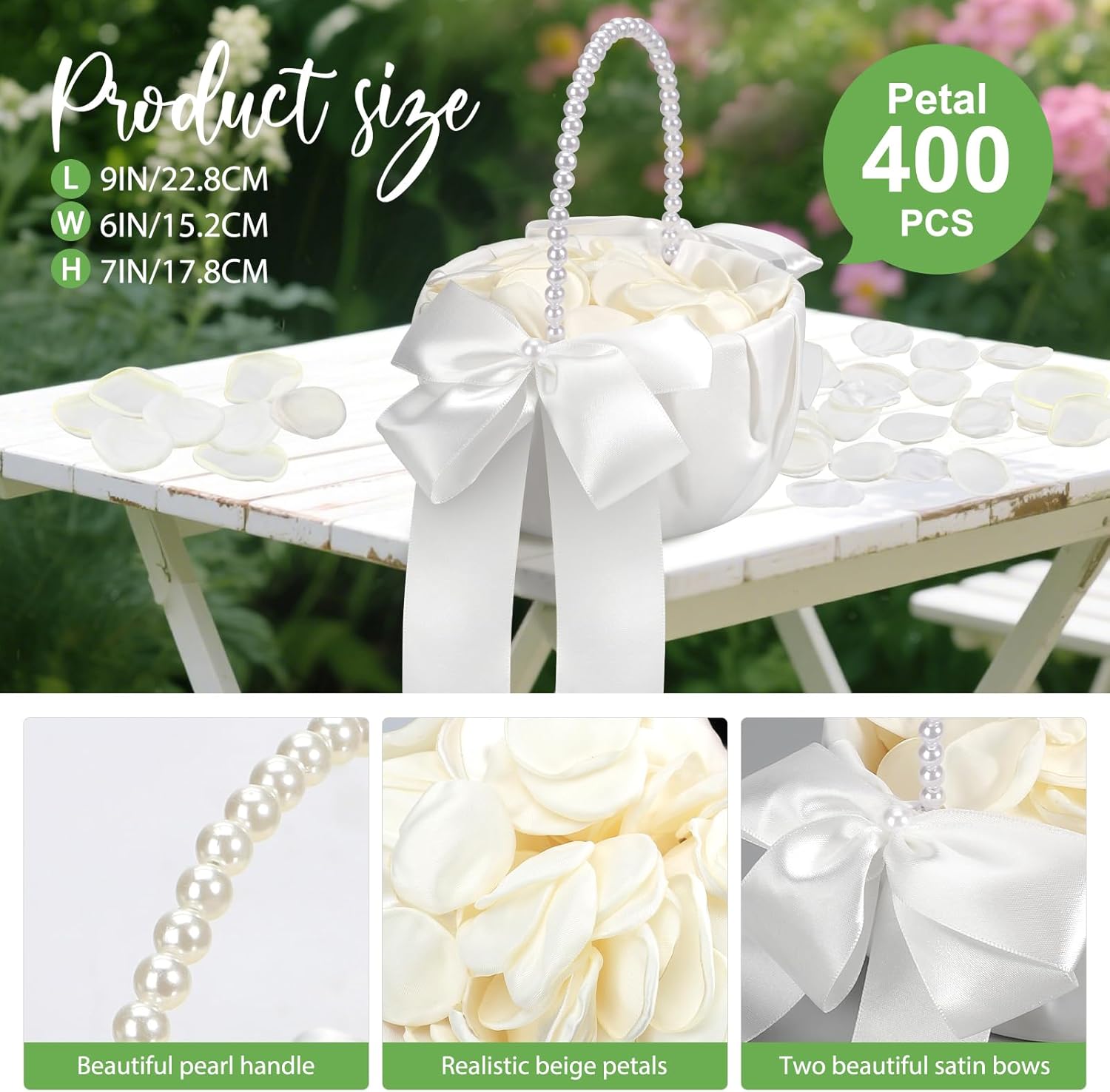 Wedding Flower Girl Basket Set of 2 - With 400Pcs Silk Flower Petals Pearl Handle and Ribbon Bow Wedding Basket, Artificial Flowers for Romantic Night Bridal Party Home Decorations(Ribbon Bow)