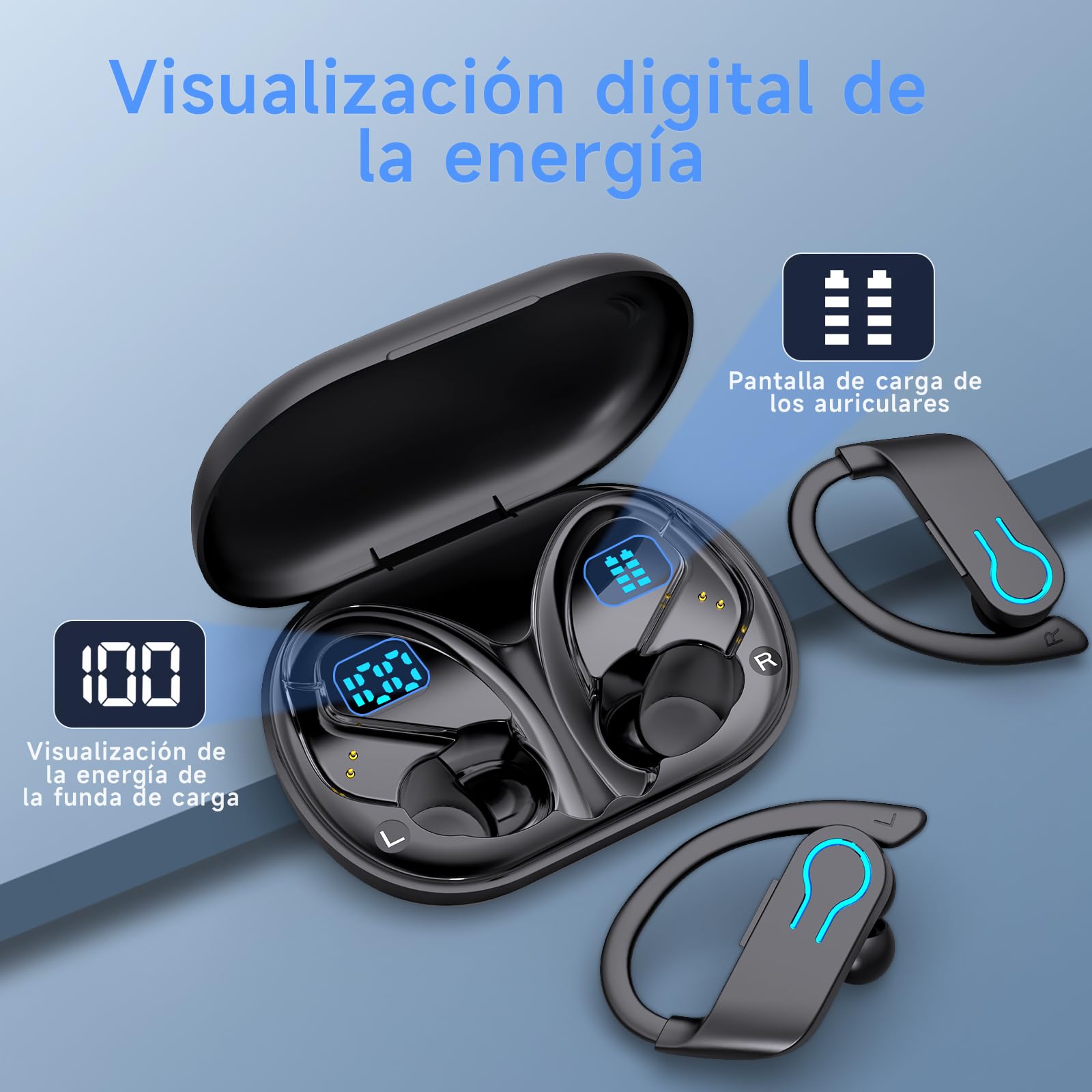 Wireless Bluetooth Headphones, New Version, Sports Helmets with LED Display, 4 Microphones ENC HD, IPX7 Waterproof, Physical Button, HiFi Stereo for Running/FitnessBY01 — view 5