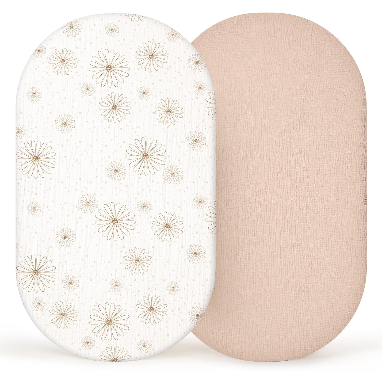 lulumoon Muslin Bassinet Sheets Baby: Cotton Bassinet Sheets Fitted for Boys and Girls - Bassinet Mattress Sheets for Oval Rectangle or Hourglass Nudepink Daisy Standard Bassinet