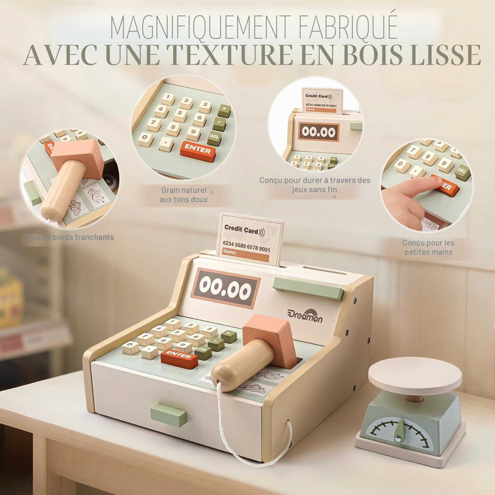 Dreamon Caisse Enregistreuse Enfants Bois, Marchande Enfants Jouet avec Scanner Tablier de Courses, Cadeaux de Noël pour Garçons Et Filles Âgés 3 4 5 6 Ans