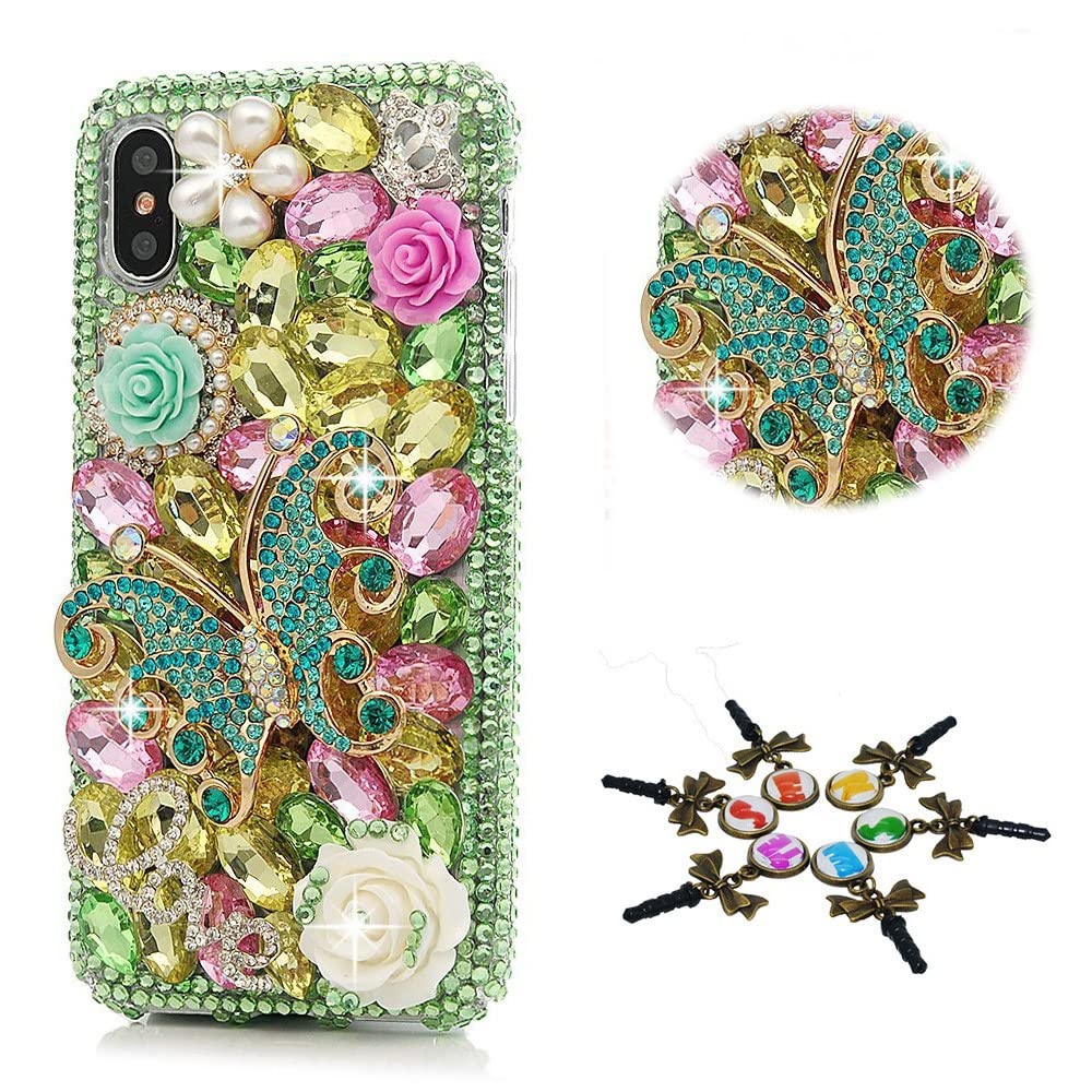 STENES Sparkle Case Compatible with Nokia C210 Case - Stylish - 3D Handmade Bling Butterfly Rose Flowers Rhinestone Crystal Diamond Design Girls Women Cover - Green