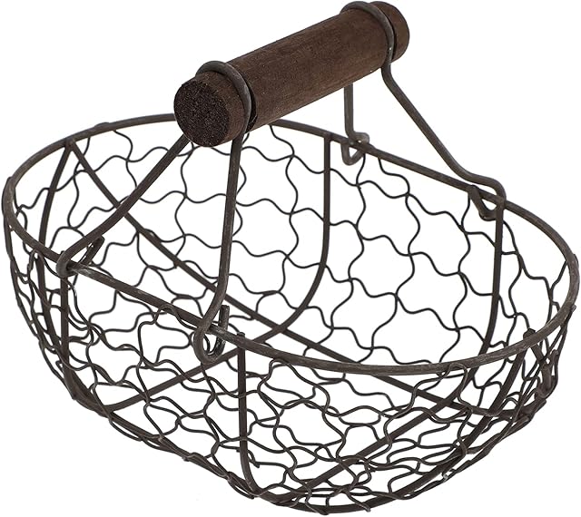 Tofficu Cesta de ovos de arame antigo com cabo de madeira primitivos vintage de galinha suporte de cestas de ovo para cozinha sala de estar