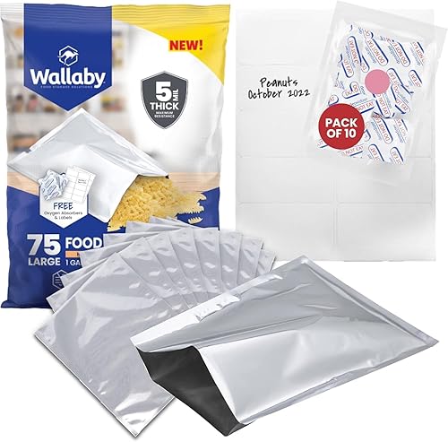 Wallaby - Paquete de 75 bolsas Mylar de 1 galón (5 mil, 10 x 14 pulgadas), 80 absorbentes de oxígeno de 400 cc, 80 etiquetas, sellables con calor,