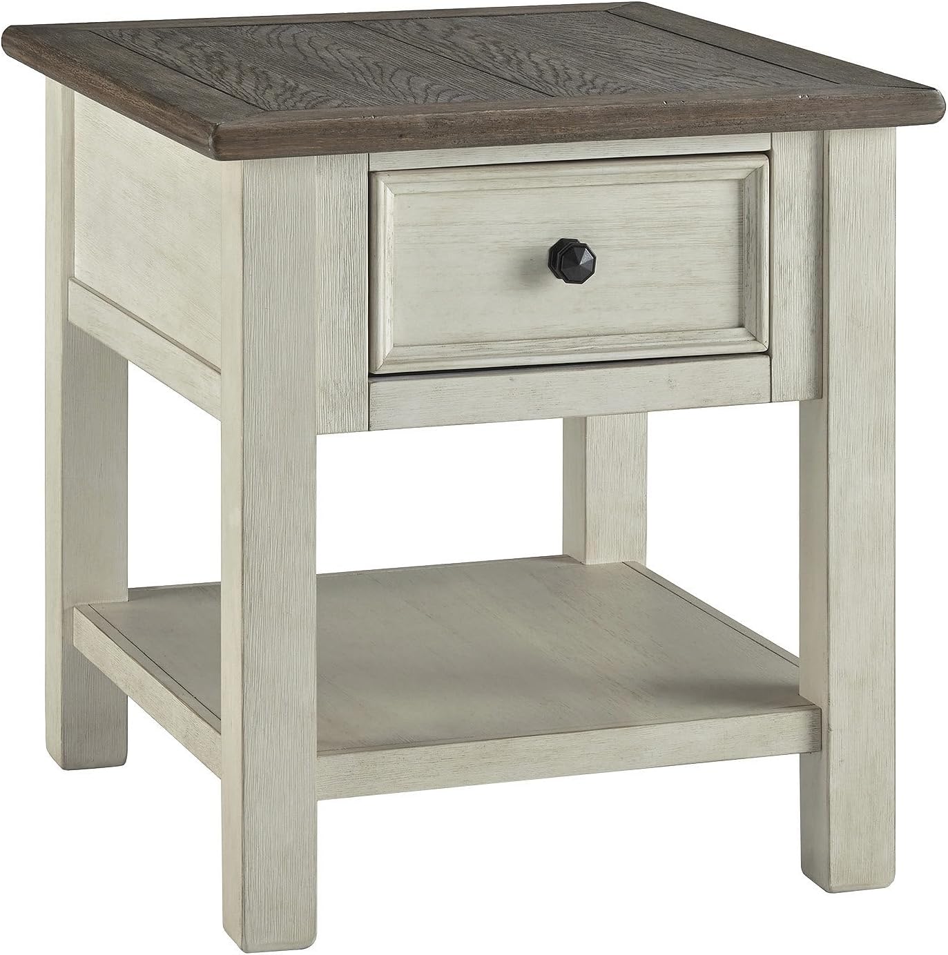 Bolanburg End Table for Living Room, Two-Tone Distressed Wood Side Table with Smooth-Gliding Drawer, Farmhouse Plank-Style Top, Ideal Night Stand Use, Antique White/Oak