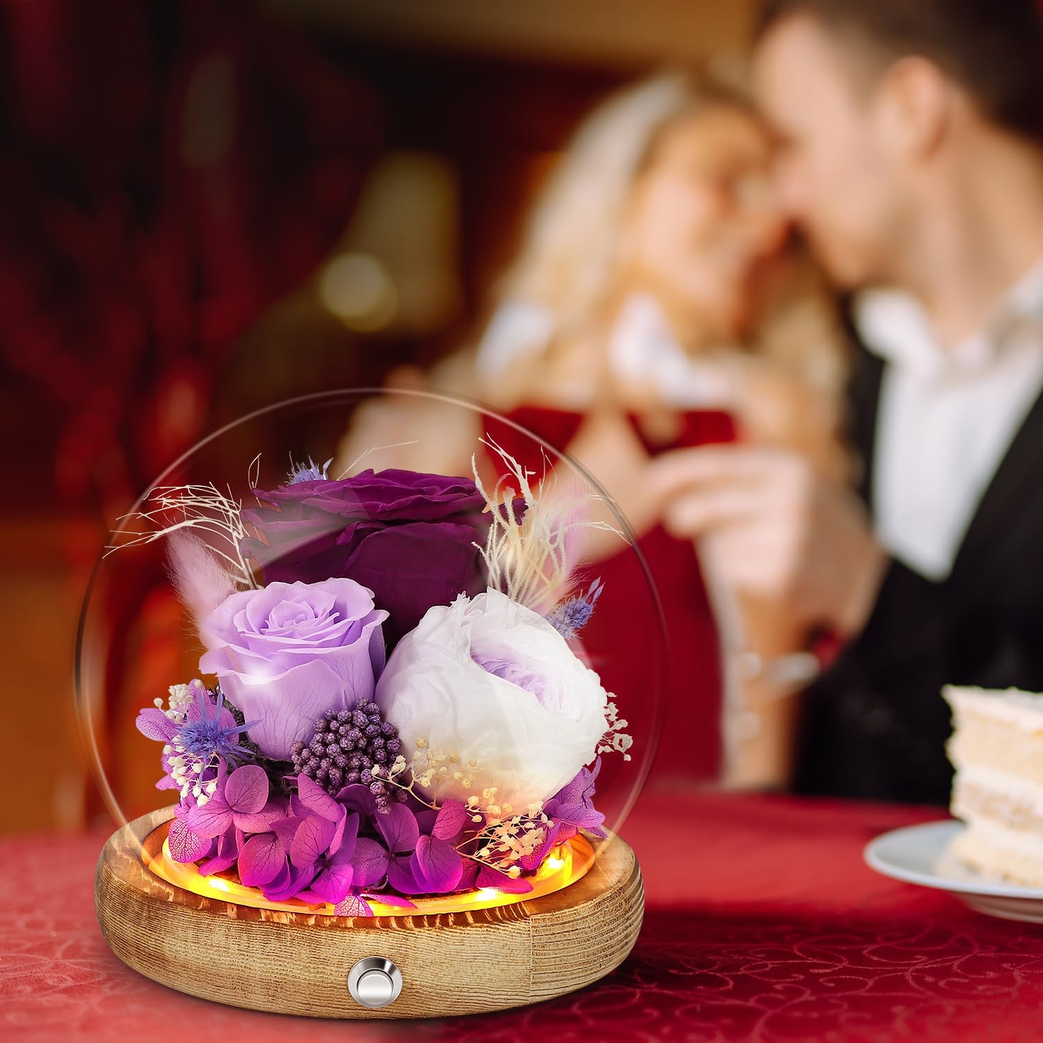 Preserved Roses for Valentine's Day Gifts Unique Floral in Glass Dome with LED Strip, Girlfriend Wife Anniversary&Mother's Day Womens Birthday Christmas Wedding House Warming Purple