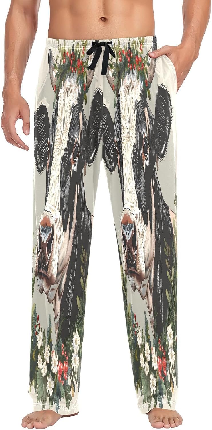 ALAZA Cow Portrait Wreath Men's Pajama Pants Men Cotton Pajama Bottoms with Pockets, S
