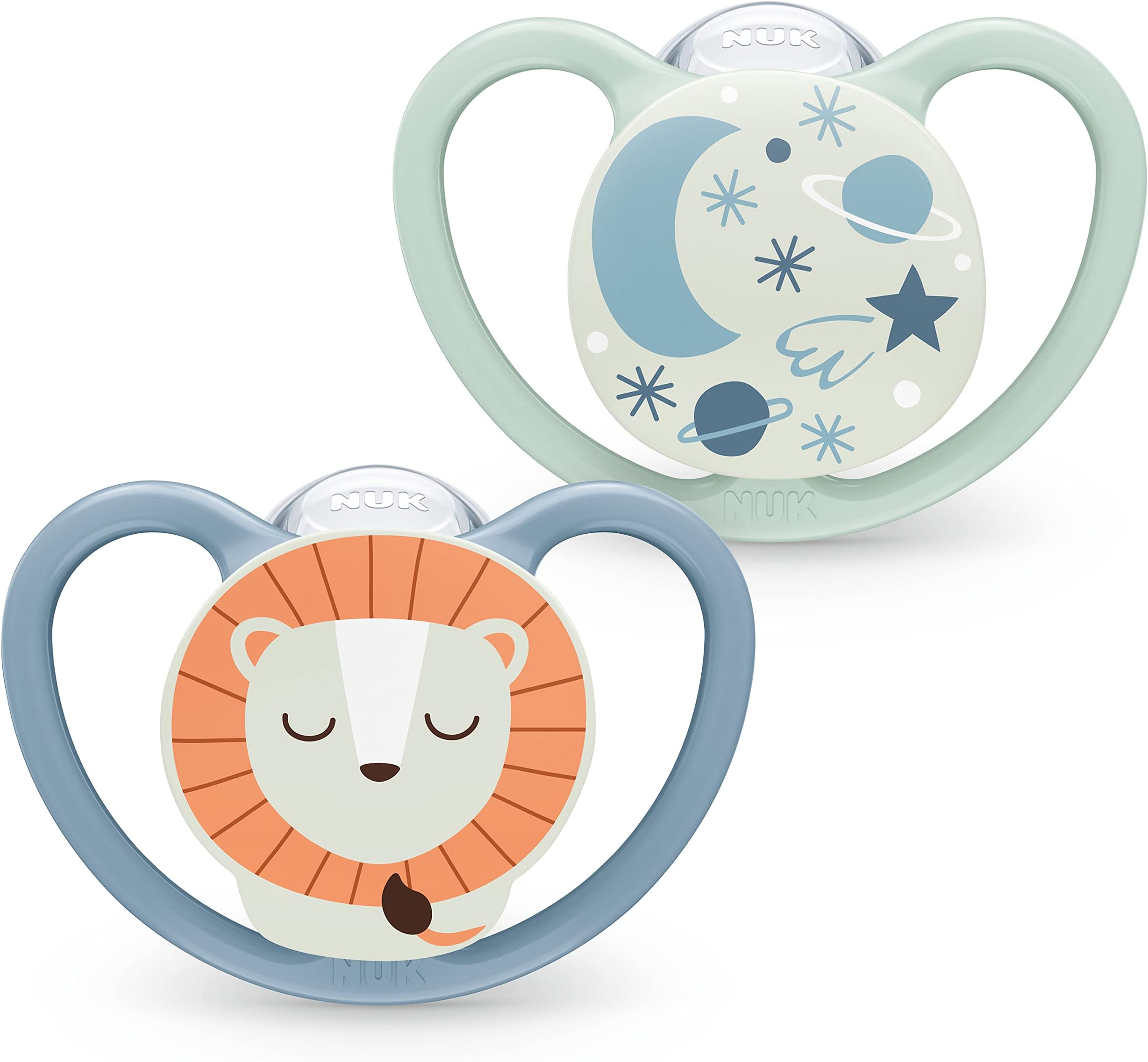 NUK Space Night Baby Dummy | 18-36 Months | Glow-in-the-Dark Soothers with Extra Ventilation for Sensitive Skin | BPA-Free Silicone | Lion & Moon | 2 Count
