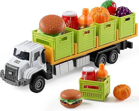 Food Transport Truck Toy for Age 3-8 Kids 155 Alloy Vehicles Head Goods Trailer with Cargo Box and Food Model, Lights & Sounds Transport Truck White