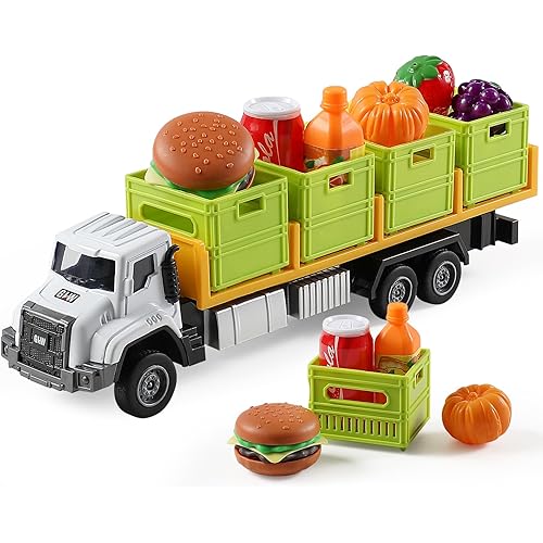Food Transport Truck Toy for Age 3-8 Kids – 1:40Alloy Vehicles Head Goods Trailer with Cargo Box and Food Model, Lights & Sounds (Transport Truck White)