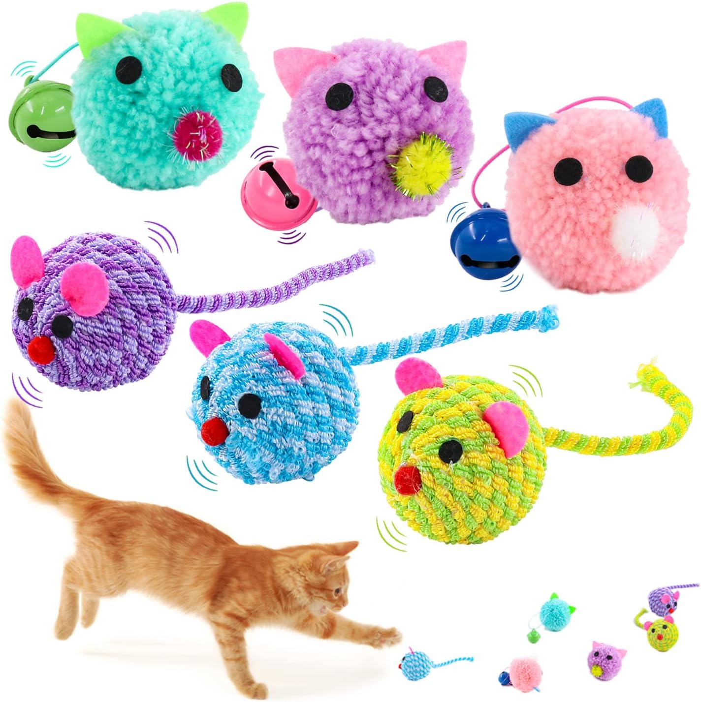 Cat Balls with Bell, Cats Interactive Toy Balls 6 Pack Colorful Woolen Yarn Balls with Built-in Bell, Chewing Toys for Indoor Cats, Kittens Pets Playing, Pet Gifts